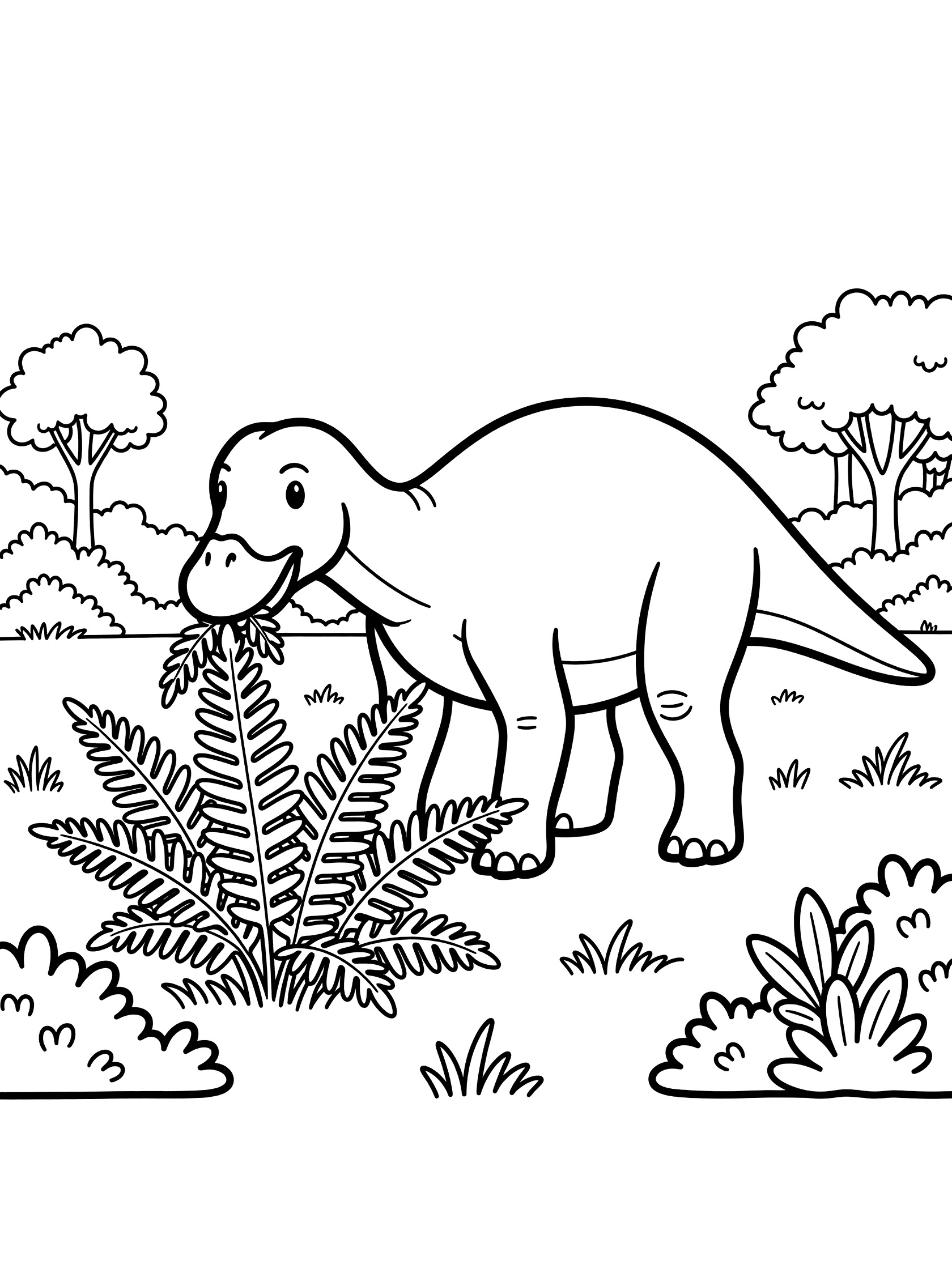 Black and white line art coloring page showing a large dinosaur with a duck-like bill eating ferns, surrounded by trees, grass, and bushes. Shantungosaurus themed black and white printable line art
