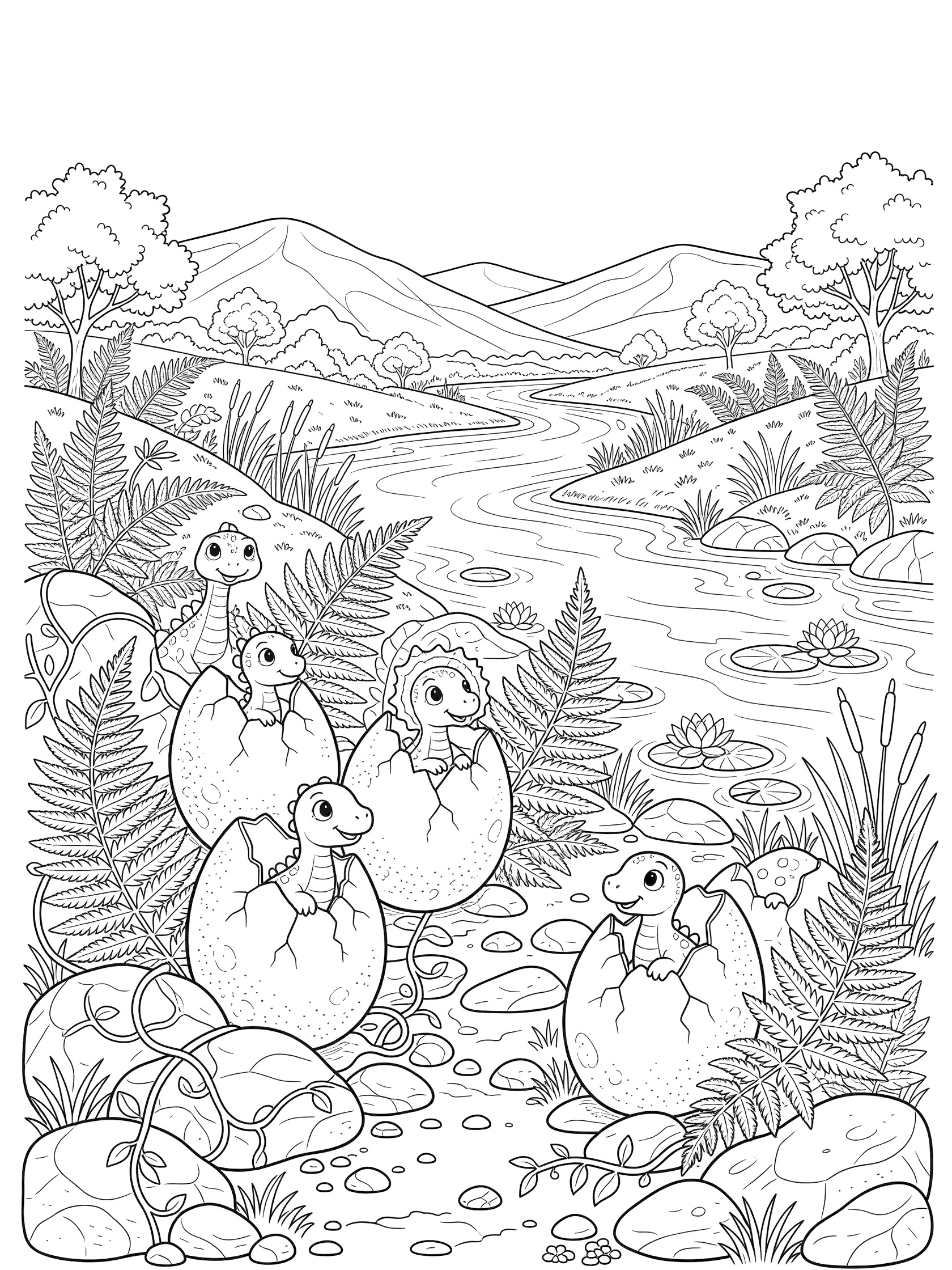Detailed line art coloring page showing large dinosaur eggs nestled in river rocks and reeds by a gentle river, with baby dinosaurs hatching from cracked eggs, surrounded by ferns, vines, pebbles, water lilies, hills, and trees.