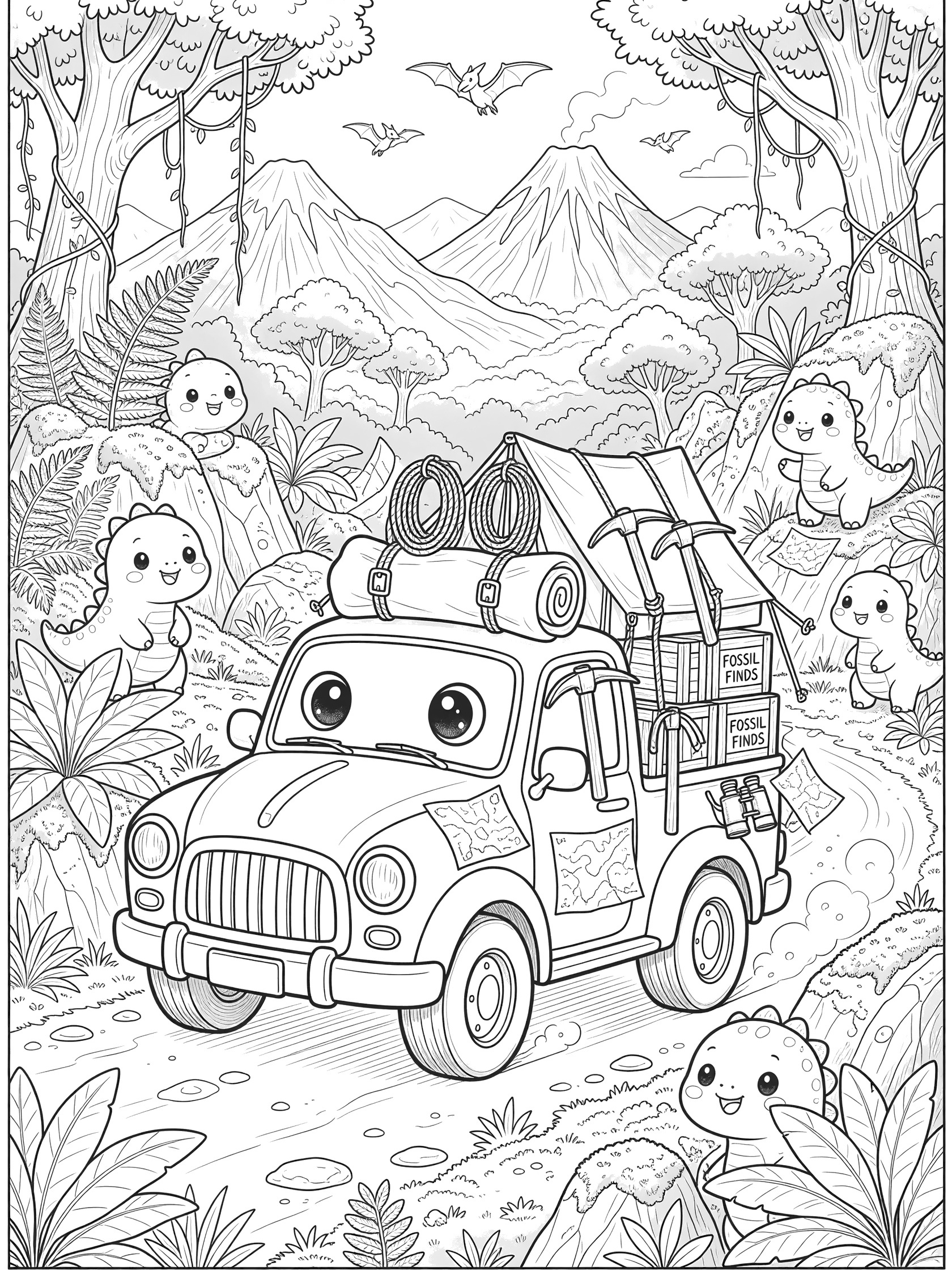 Kawaii-style coloring page showing a big-eyed pickup truck loaded with expedition gear bouncing on a jungle trail, surrounded by cute dinosaurs peeking from ferns, with misty mountains and volcano in the background.