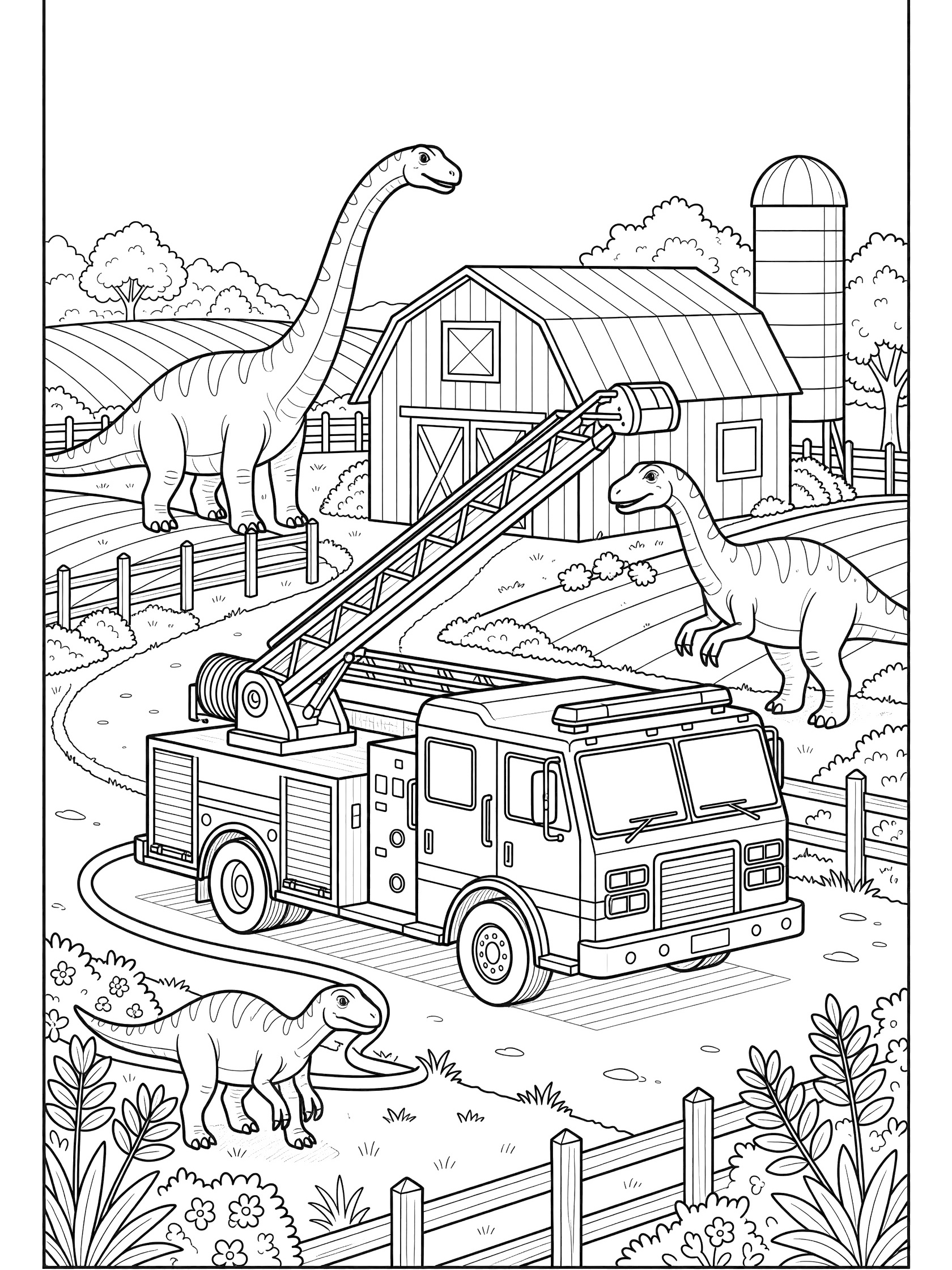 Detailed fire truck rescue scene coloring page with a red fire truck ladder extended toward brachiosaurus dinosaurs near a farm barn and silo.