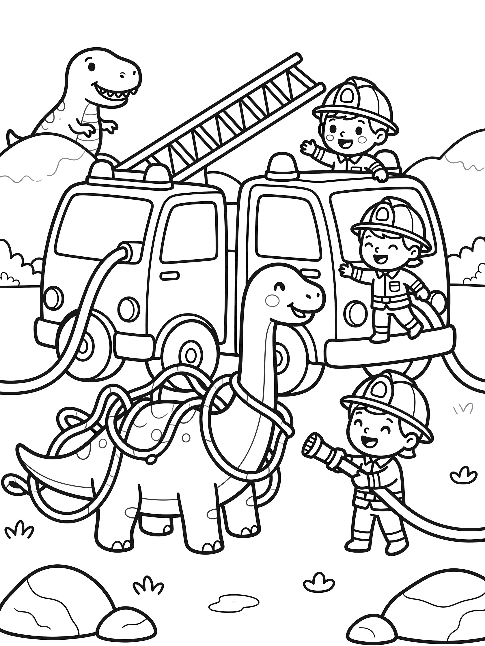 Whimsical doodle coloring page showing a fire truck rescue scene with a long-neck dinosaur, T-Rex, firefighters holding hoses and ladders, in black and white line art.