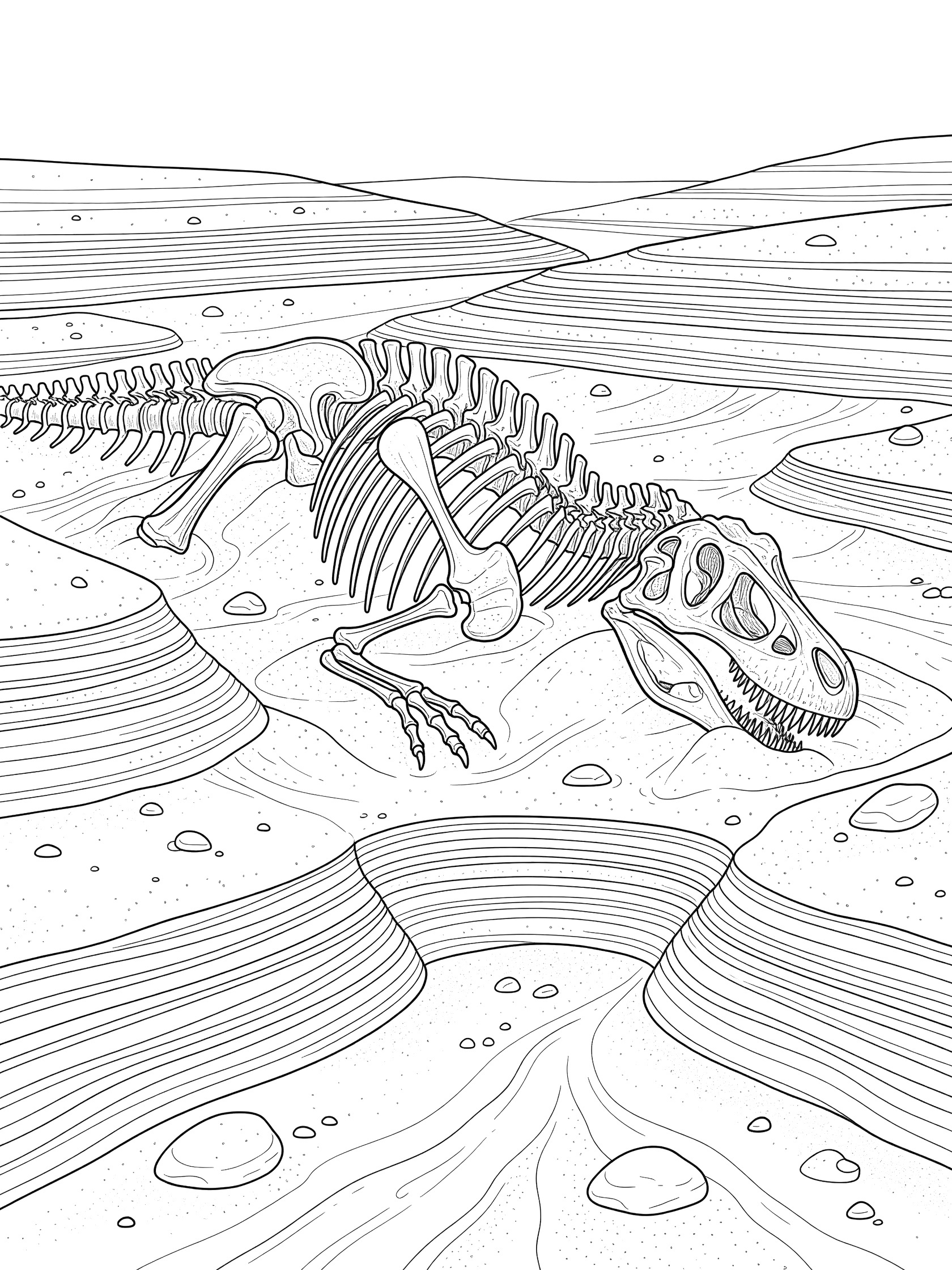 Black-and-white coloring page of a large dinosaur fossil partially unearthed from Gobi Desert sand with rock layers and pebbles.