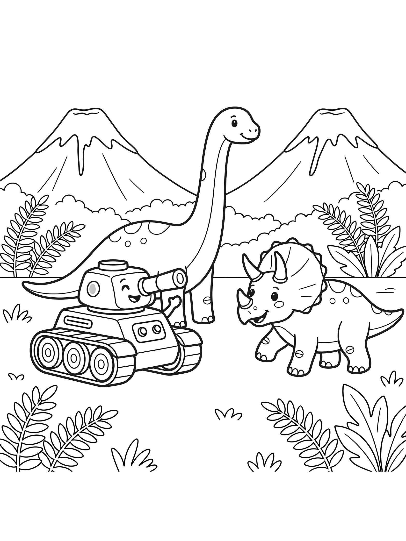 Black and white line art coloring page of a cute smiling tank parked beside a gentle brachiosaurus and triceratops dinosaur in a prehistoric valley with ferns and volcano mountains.