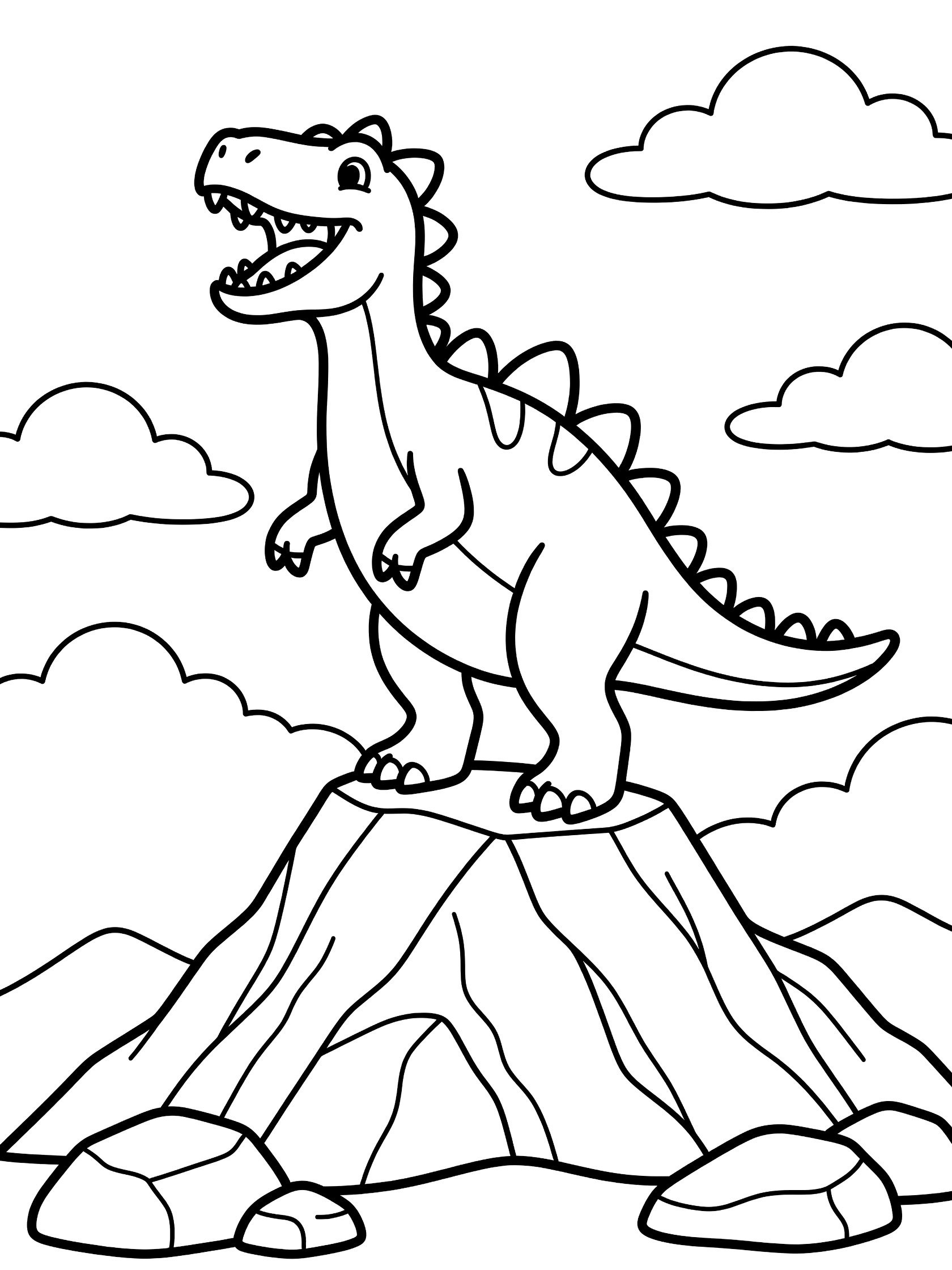 Black and white coloring page showing a tall dinosaur with back spikes standing on a rocky mountain peak, mouth open roaring, surrounded by clouds and simple mountains. Godzilla themed black and white printable line art