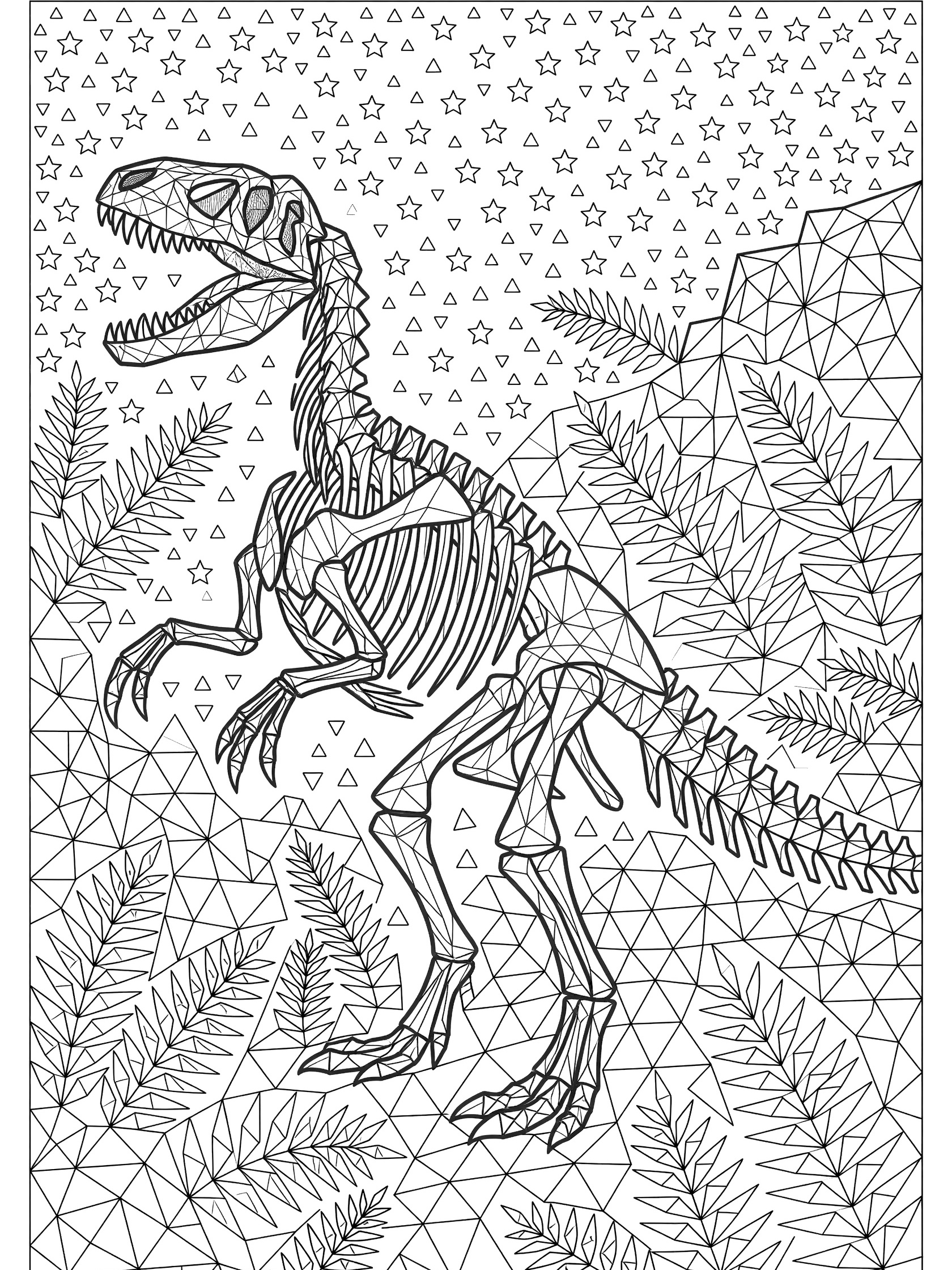 Black and white coloring page of a dinosaur skeleton formed from interlocking triangles, rearing on hind legs with triangle spines and jaws, plus triangle ferns, cliffs, and starry sky.