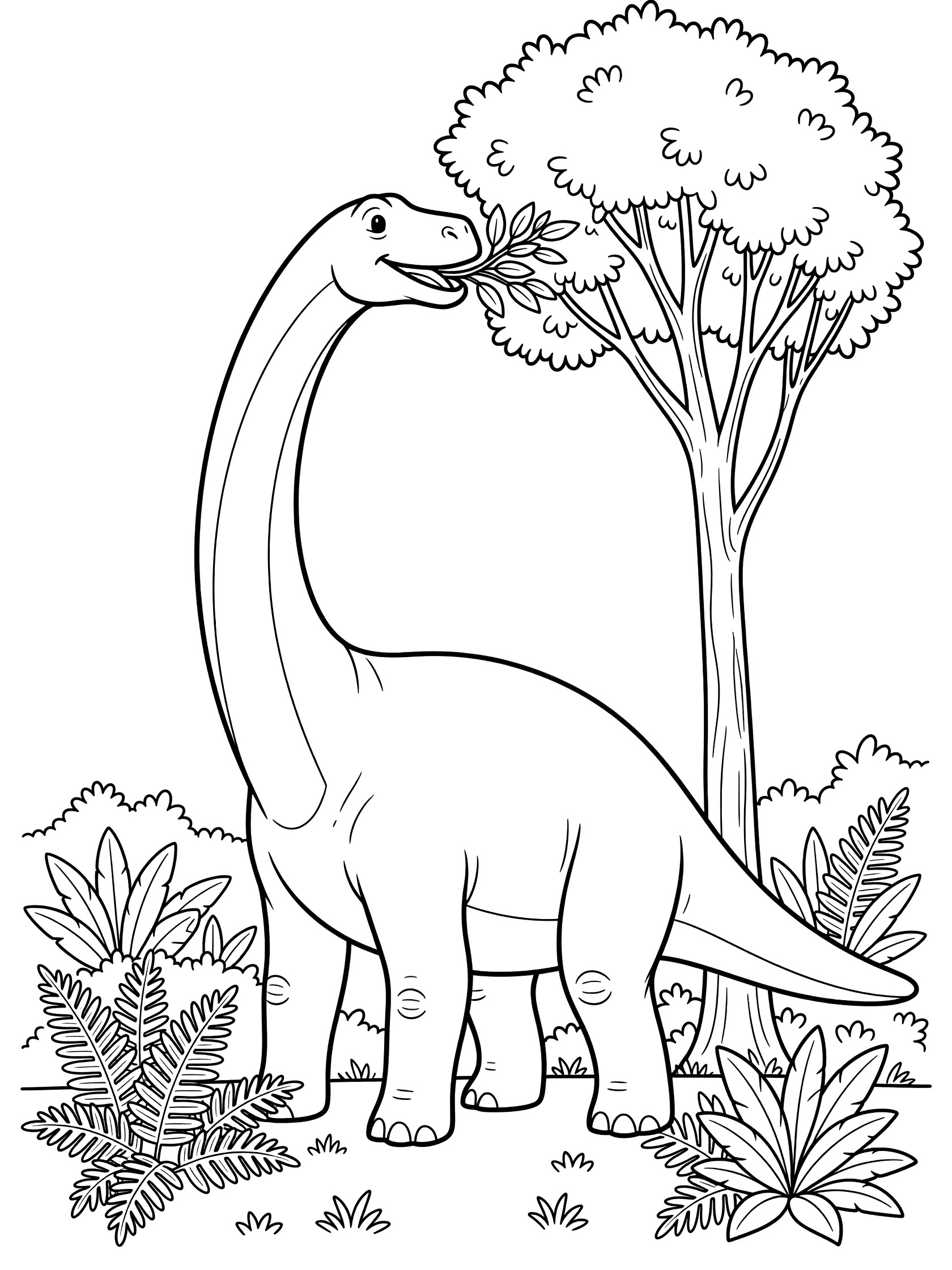 Black and white line art coloring page showing a Diplodocus dinosaur with long neck eating leaves from a tree, with ferns and bushes around its legs.