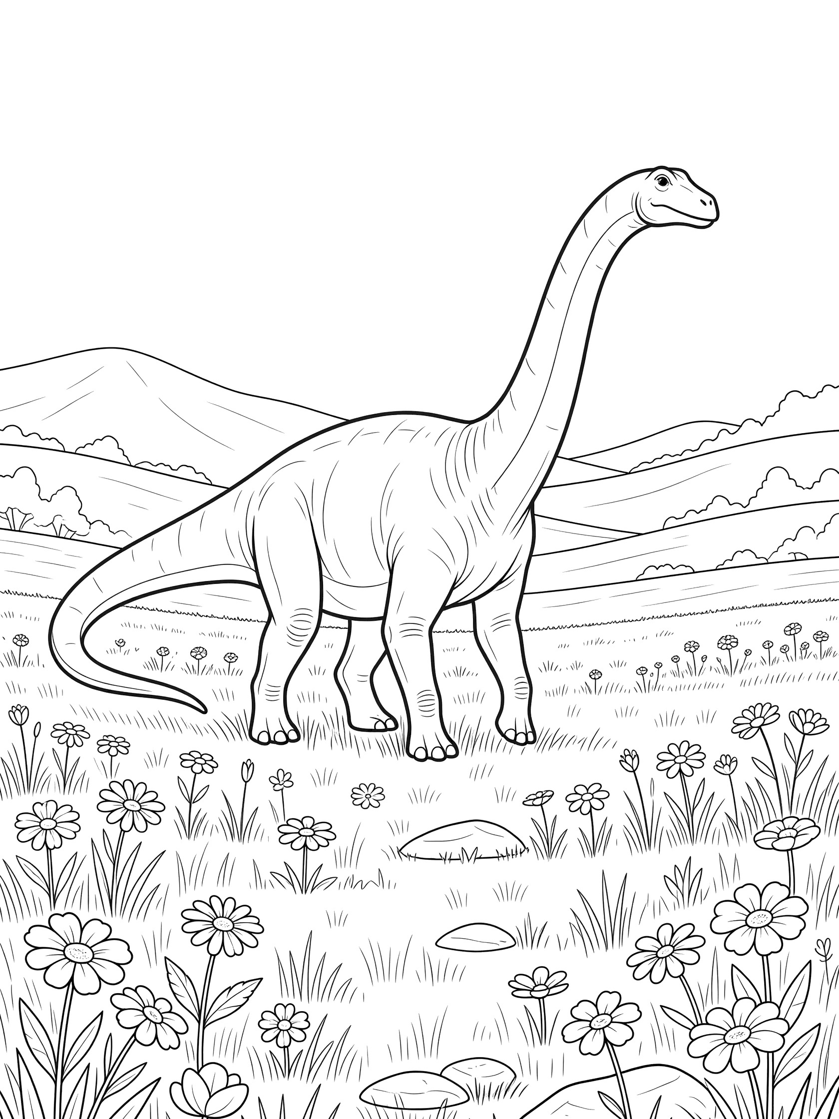Black and white line art coloring page showing a long-necked Diplodocus dinosaur striding through a sunny meadow with flowers, grass, rocks, and distant hills.