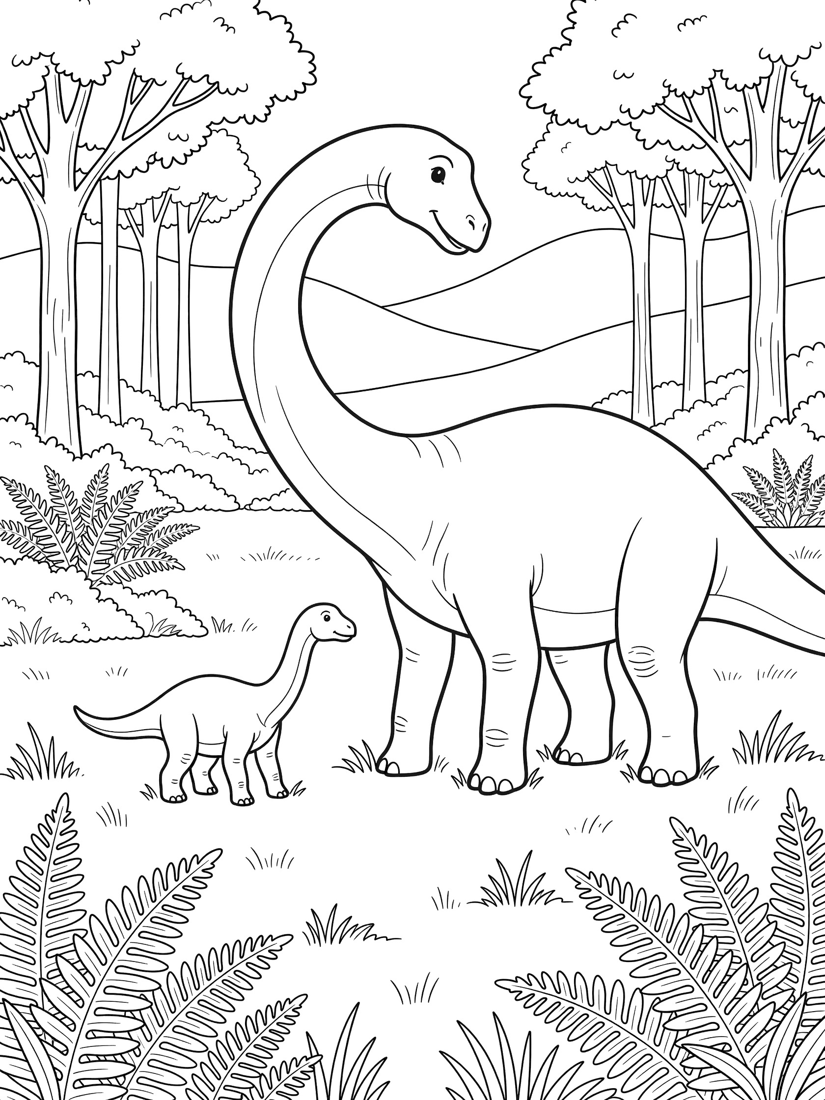 Black-and-white coloring page of a tall adult Diplodocus dinosaur with long neck curved down to a small baby Diplodocus amid ferns and trees in a meadow.