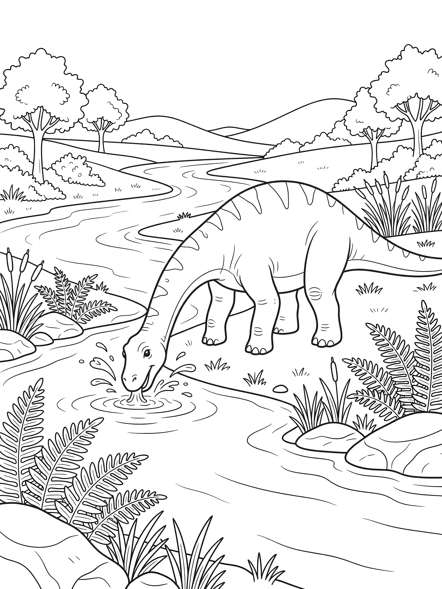 Line art coloring page showing a friendly Diplodocus dinosaur drinking from a curving river surrounded by lush ferns, reeds, rocks, distant trees, and rolling hills