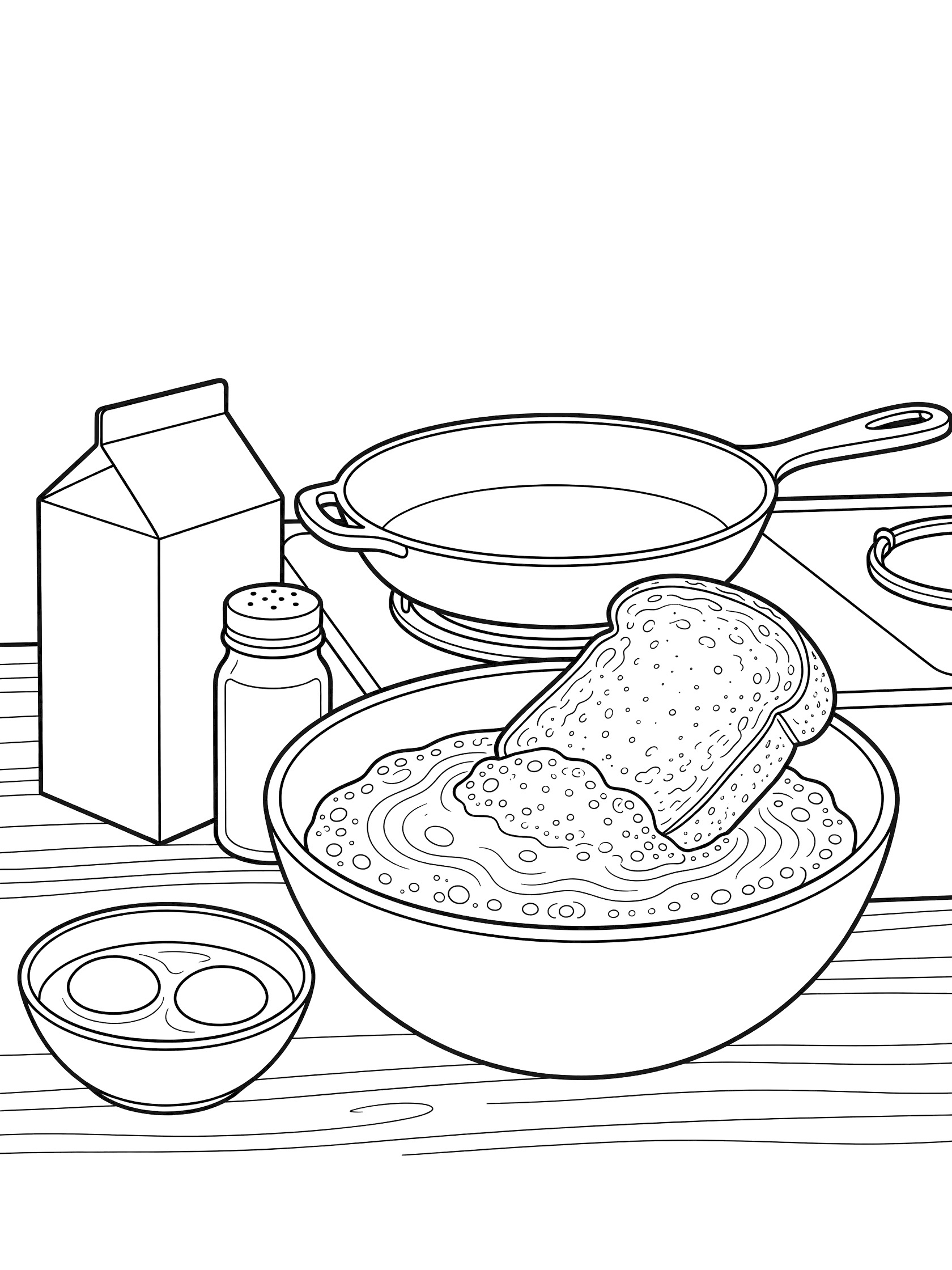 Printable coloring page showing bread dipped in whisked egg batter for French toast, with milk, cinnamon, eggs, and frying pan