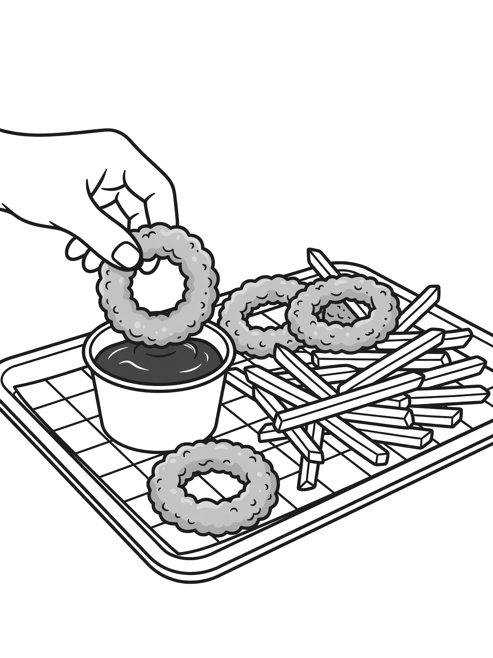 Line art coloring page showing onion rings being dipped in ketchup on a tray with french fries