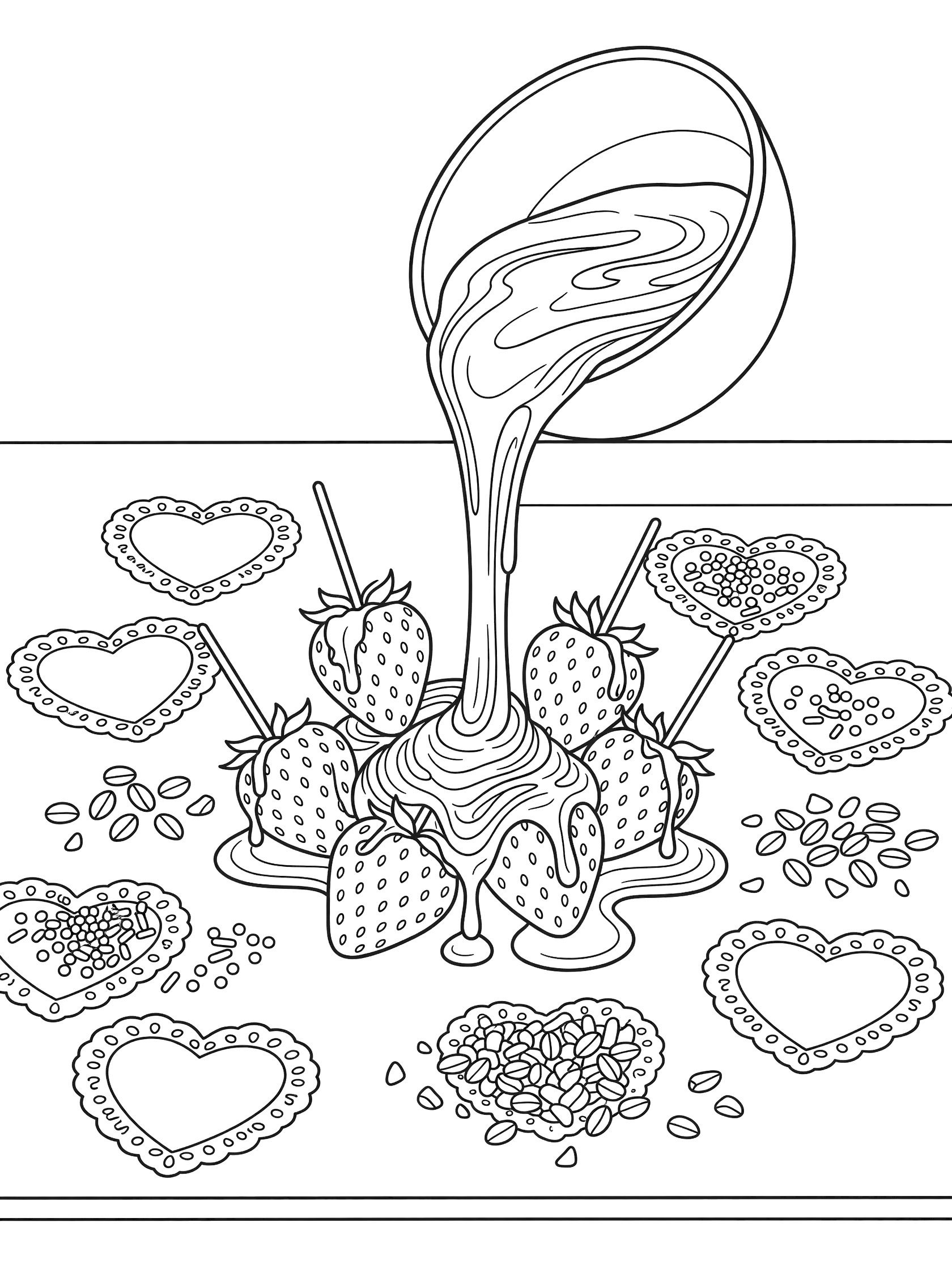 Line art coloring page showing a bowl of melted chocolate dipping fresh strawberries on sticks, surrounded by hearts, sprinkles and nuts.