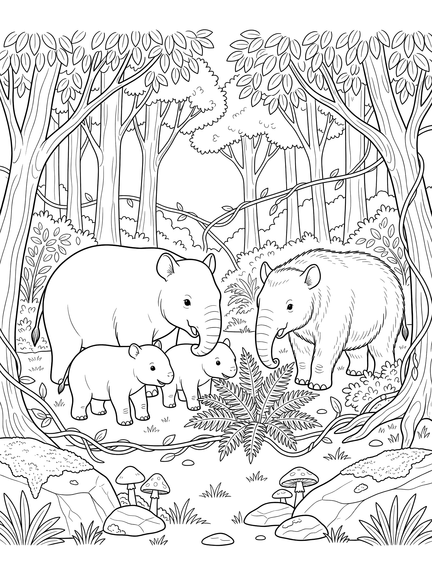 Line art coloring page showing a large mother Diprotodon, father, and two baby Diprotodons playing near ferns in a detailed forest with tall trees, vines, moss, rocks, and mushrooms.