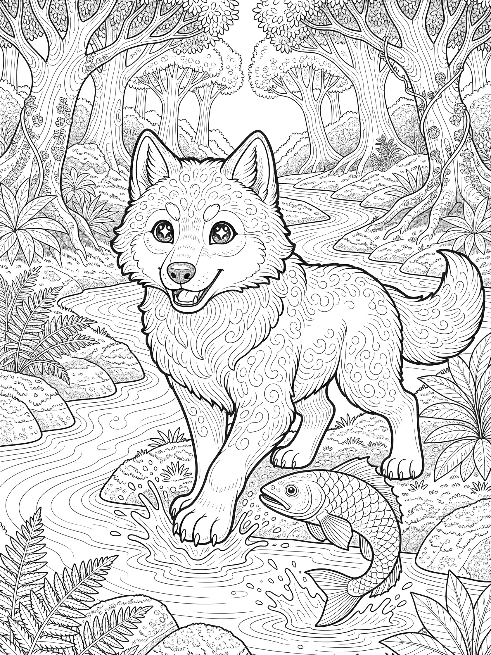 Black-and-white coloring page of a cute dire wolf dipping its paw into a winding prehistoric river to splash at a leaping ancient fish, surrounded by lush ferns, mossy boulders, and towering trees.