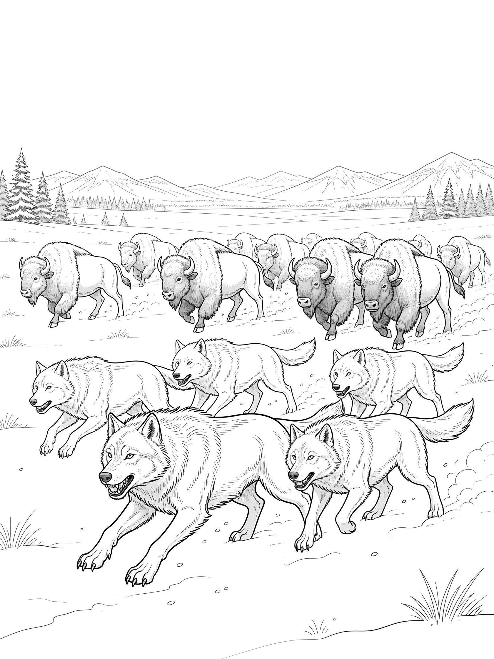 Black and white coloring page of a dire wolf pack hunting bison in a snowy plain with distant mountains and pine trees.