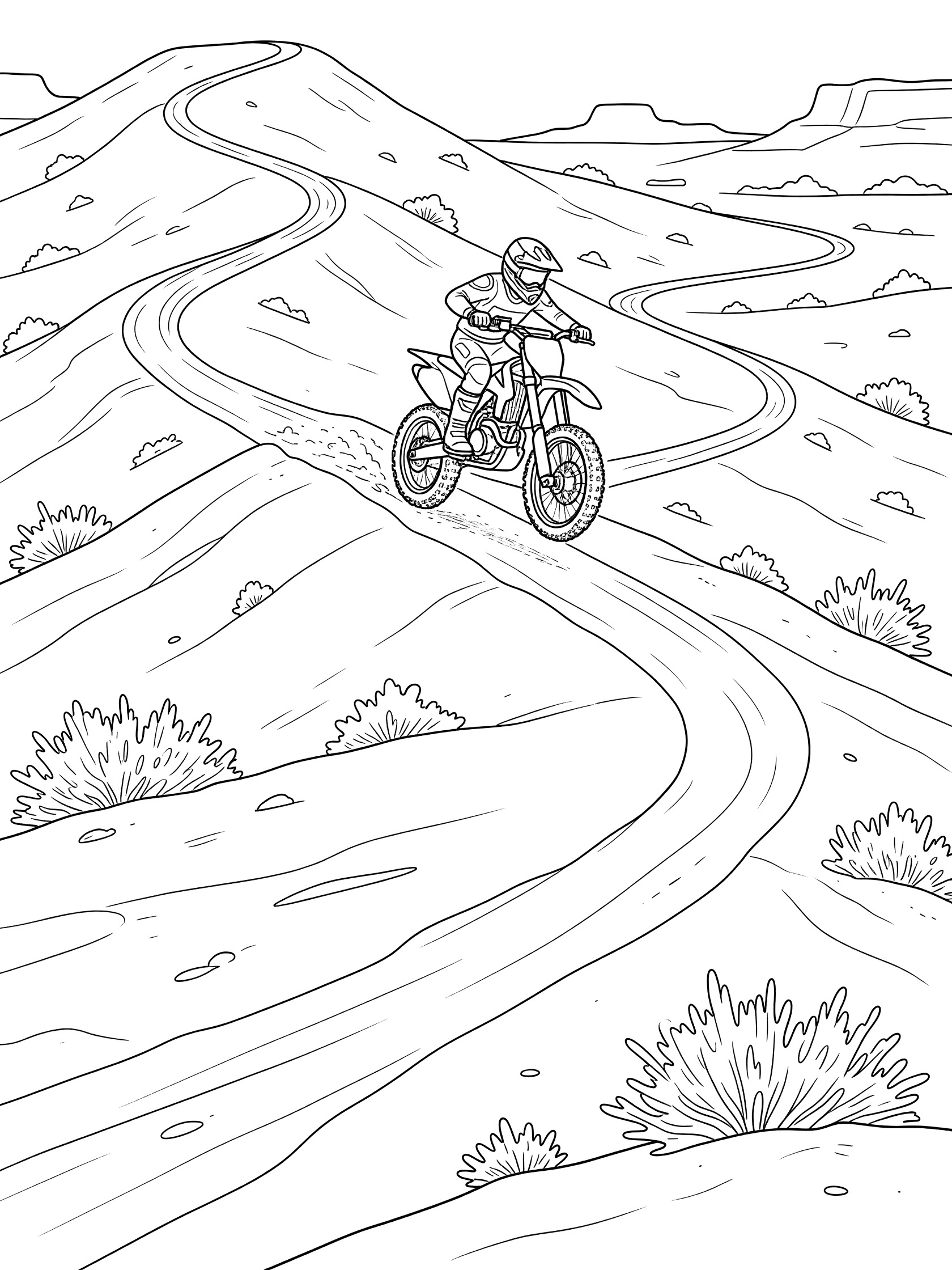 Black and white line art of a dirt bike climbing a steep desert hill, rider leaning forward, winding trail and bushes visible