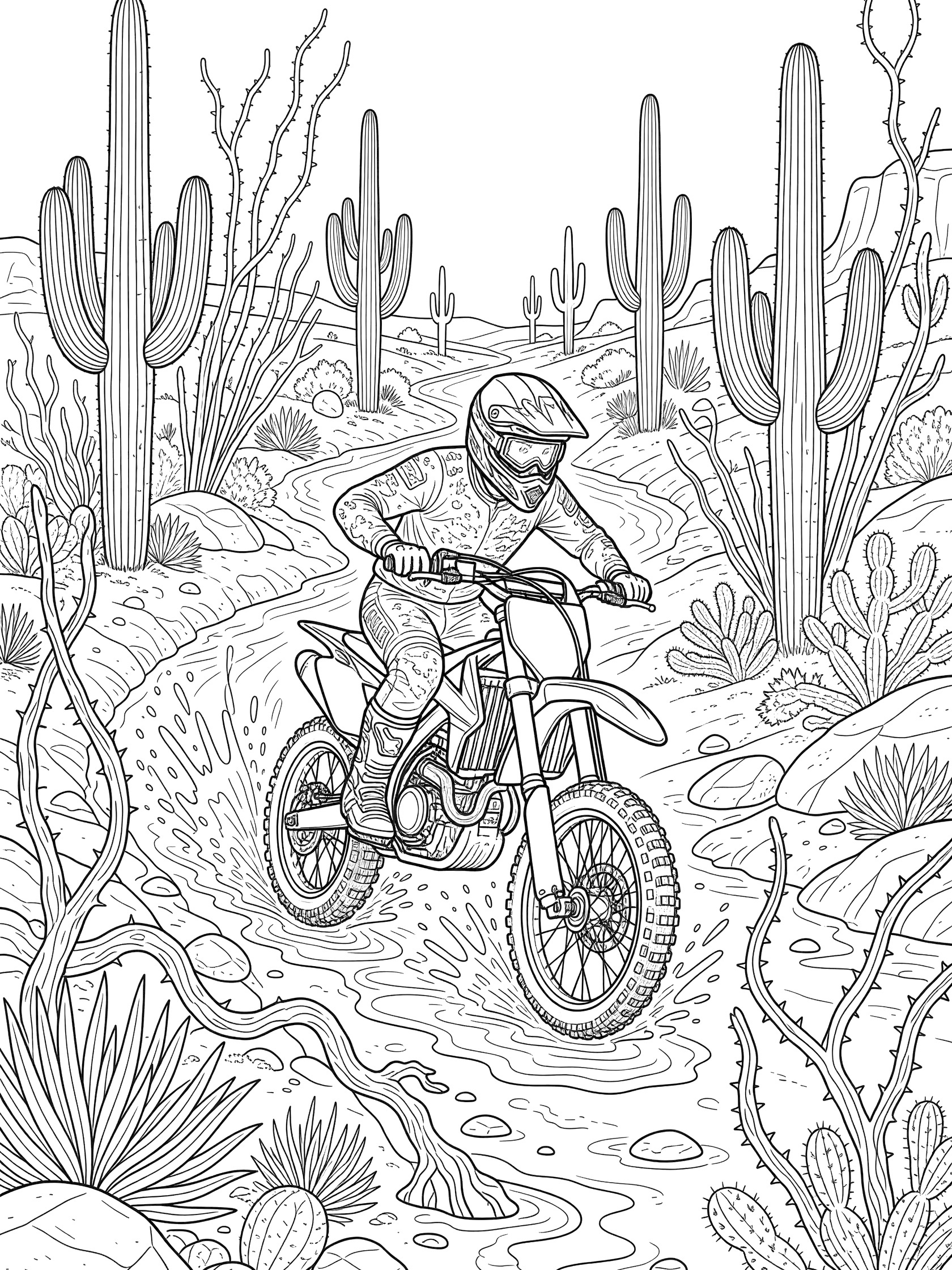 Black-and-white coloring page of a dirt bike racing through narrow desert wash with tall cacti, boulders, puddles, and rider in helmet focused ahead.
