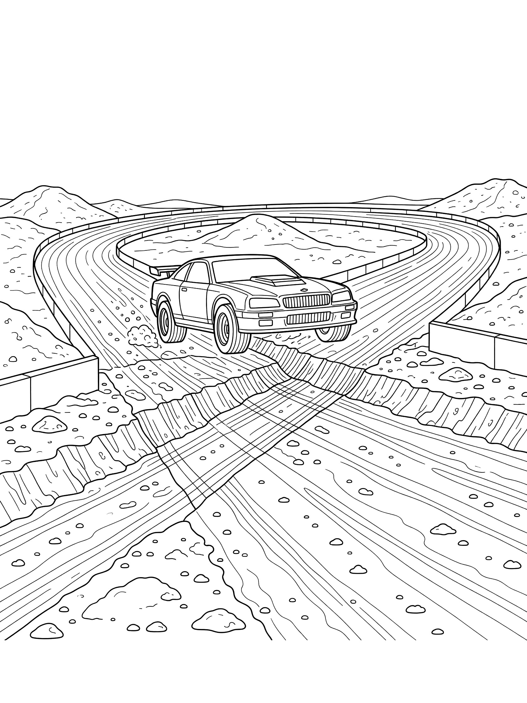 Black-and-white coloring page of a race car airborne over a rut on a dirt track straightaway with track barriers and dirt mounds.