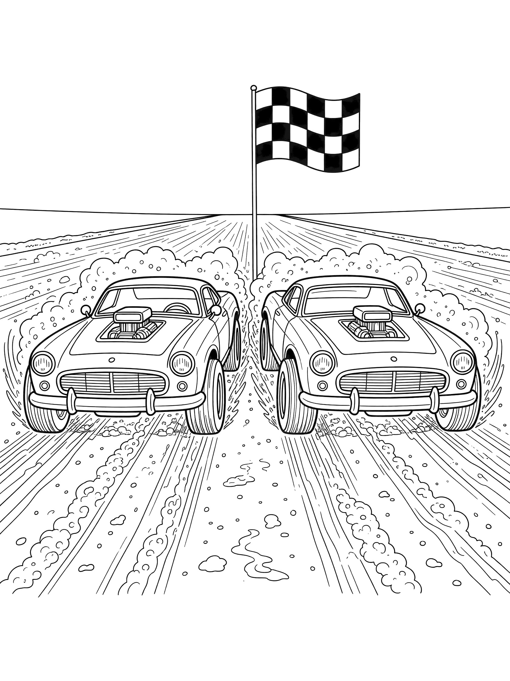 Black-and-white line art of two stock cars racing neck-and-neck on a dirt track straightaway with flying dirt and checkered flag ahead