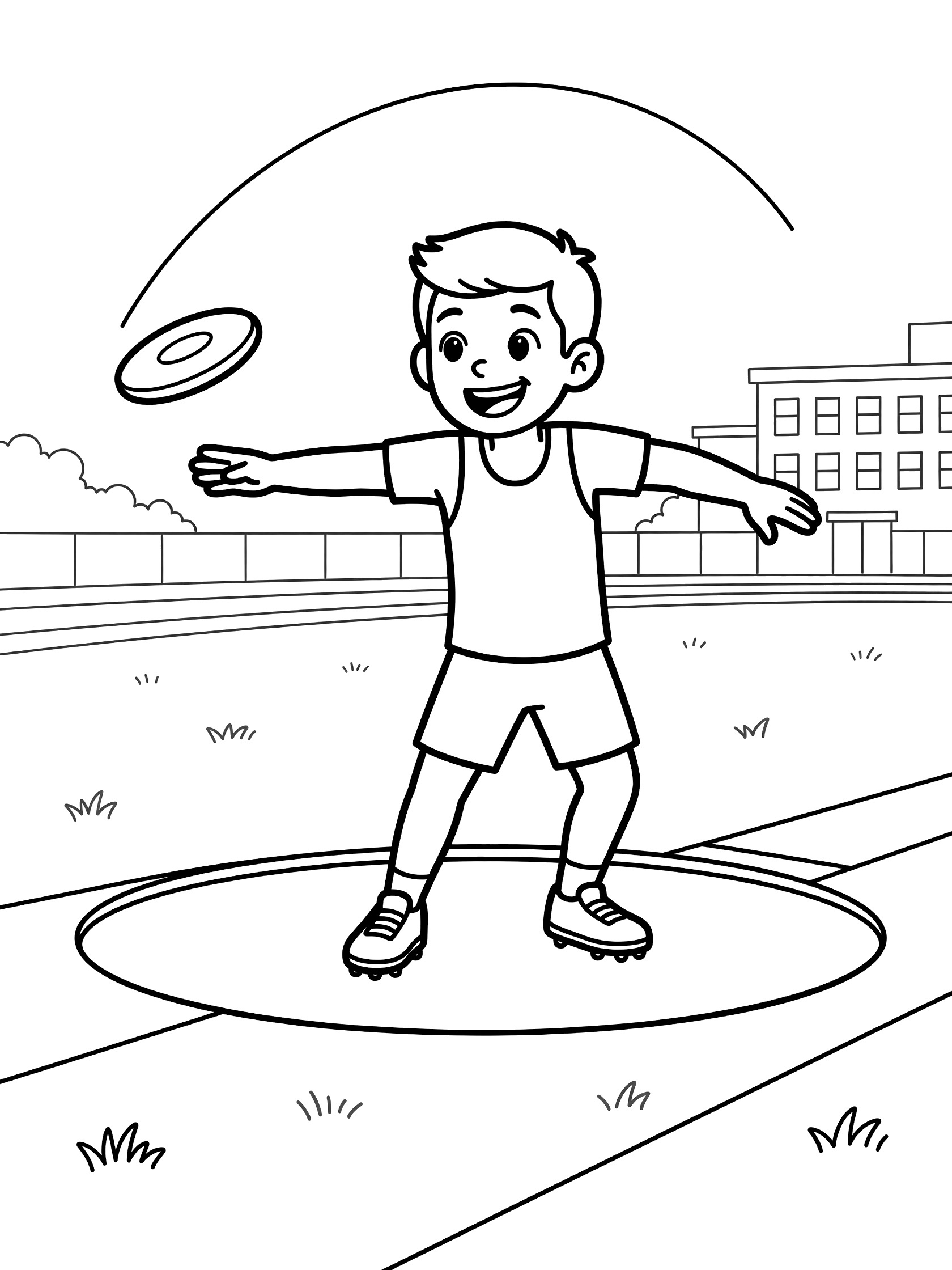 Black and white line art of a cheerful boy athlete throwing a discus from the circle on a school track with grass and building in the background.