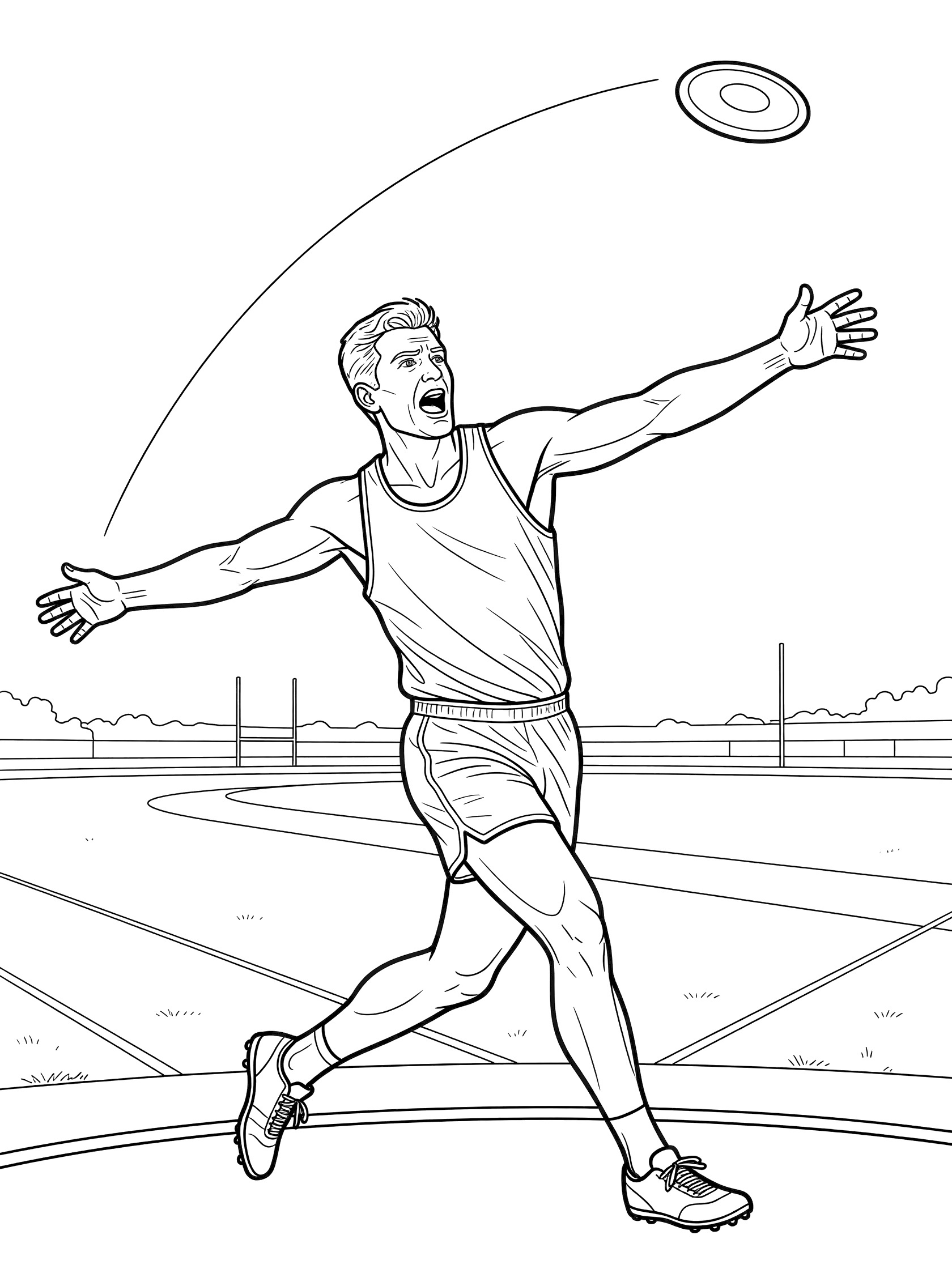 Line drawing of discus throw athlete twisting with arms out after release, discus soaring in distance over outdoor track field.