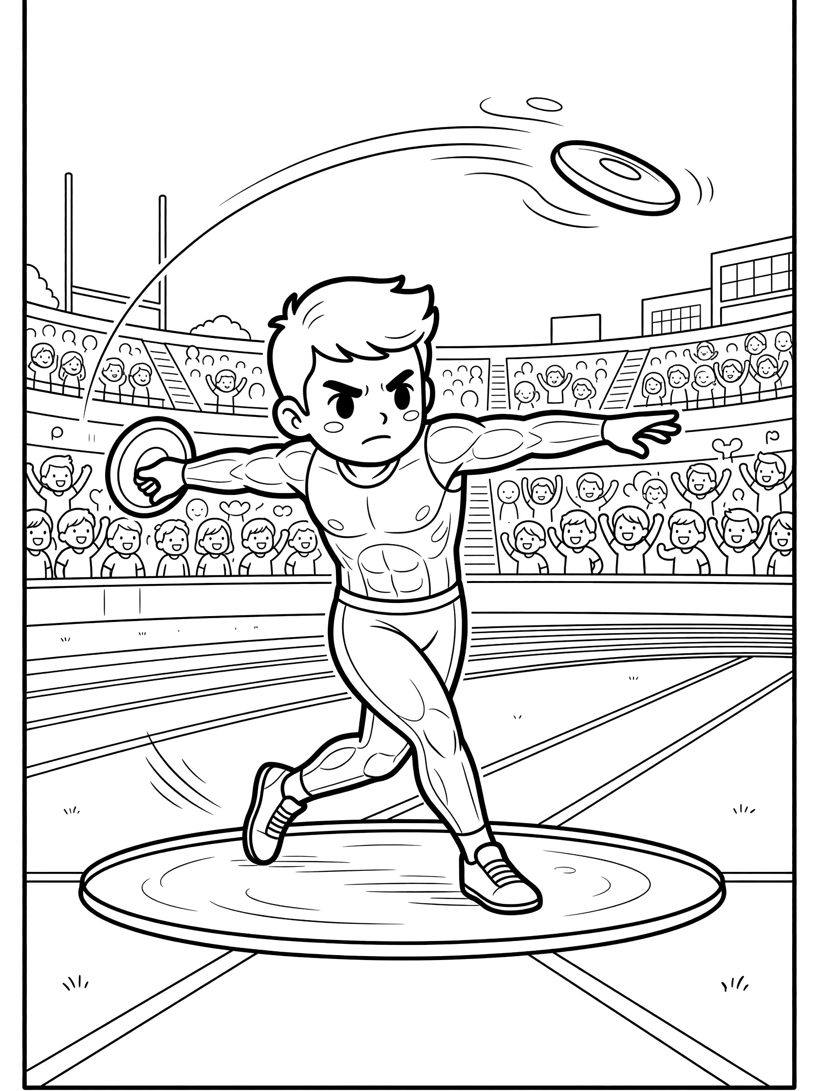 Kawaii-style coloring page of discus throw athlete extending body in throw circle, watching discus soar with wind trail over stadium track and crowd.
