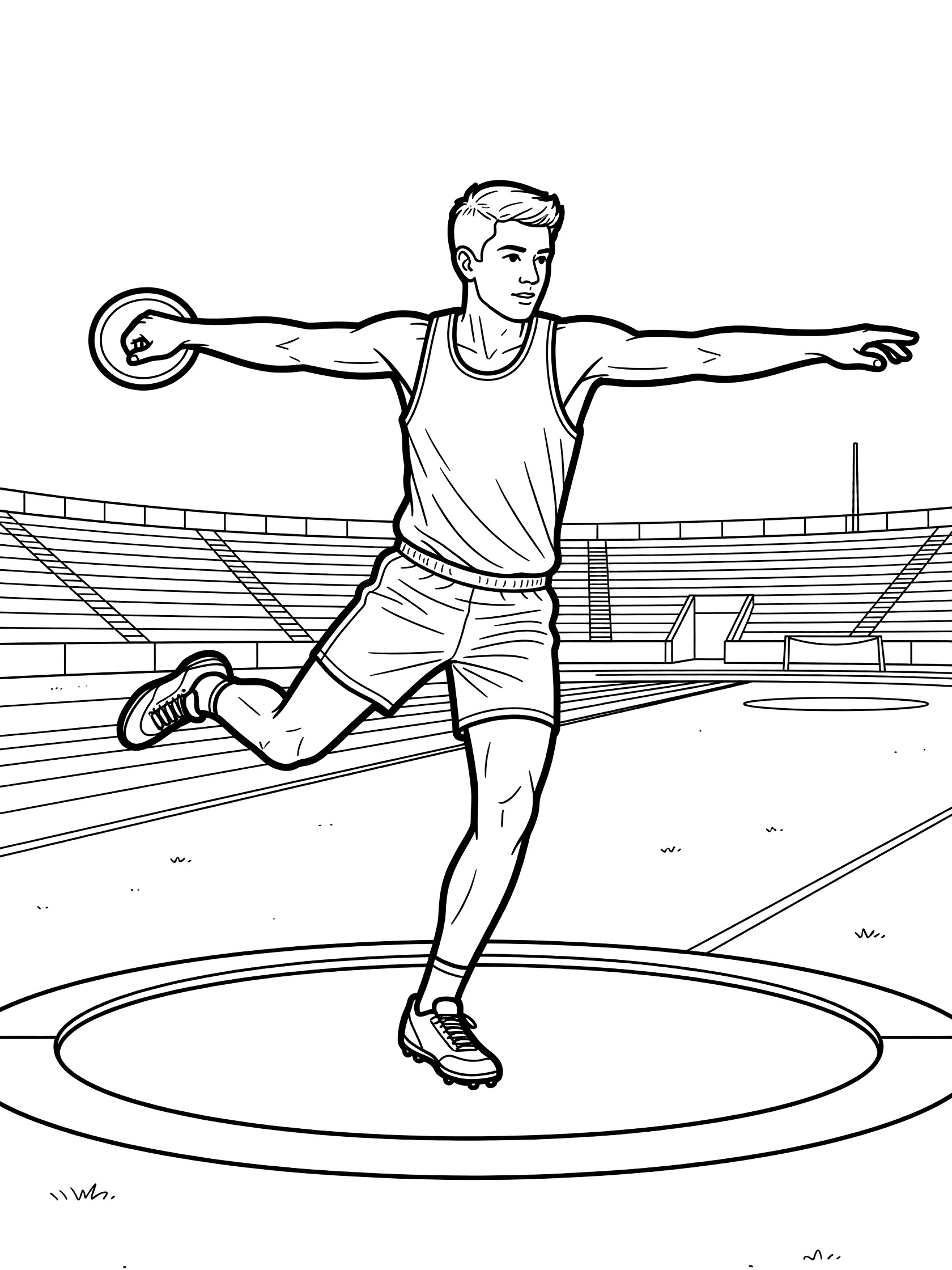 Young male athlete in spinning motion holding discus behind head, one leg lifted, on marked circle in track stadium, discus throw coloring page