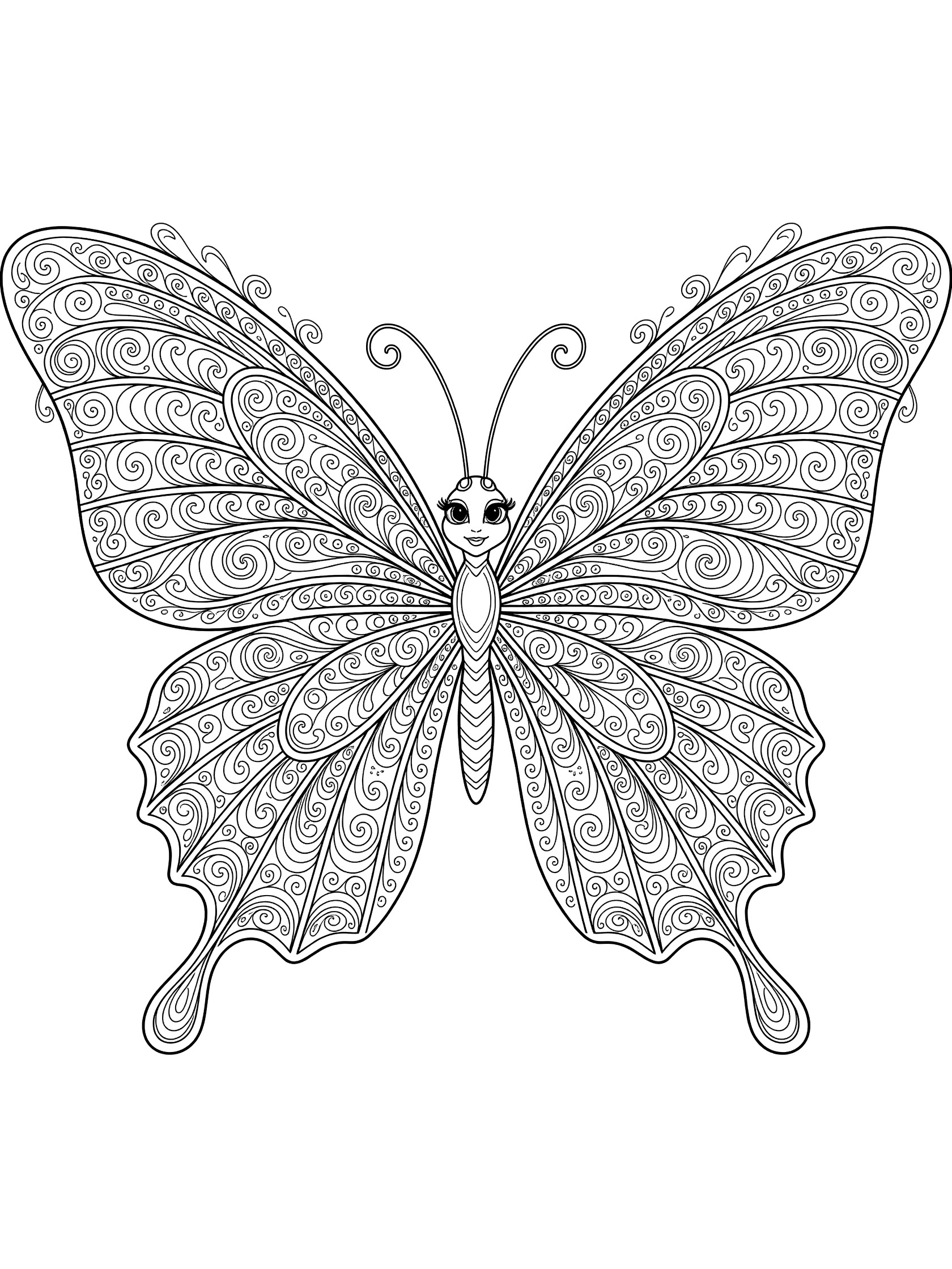Black and white coloring page of a cute Diva butterfly with massive spread wings full of Zentangle Diva patterns, big expressive eyes, and curled antennae.