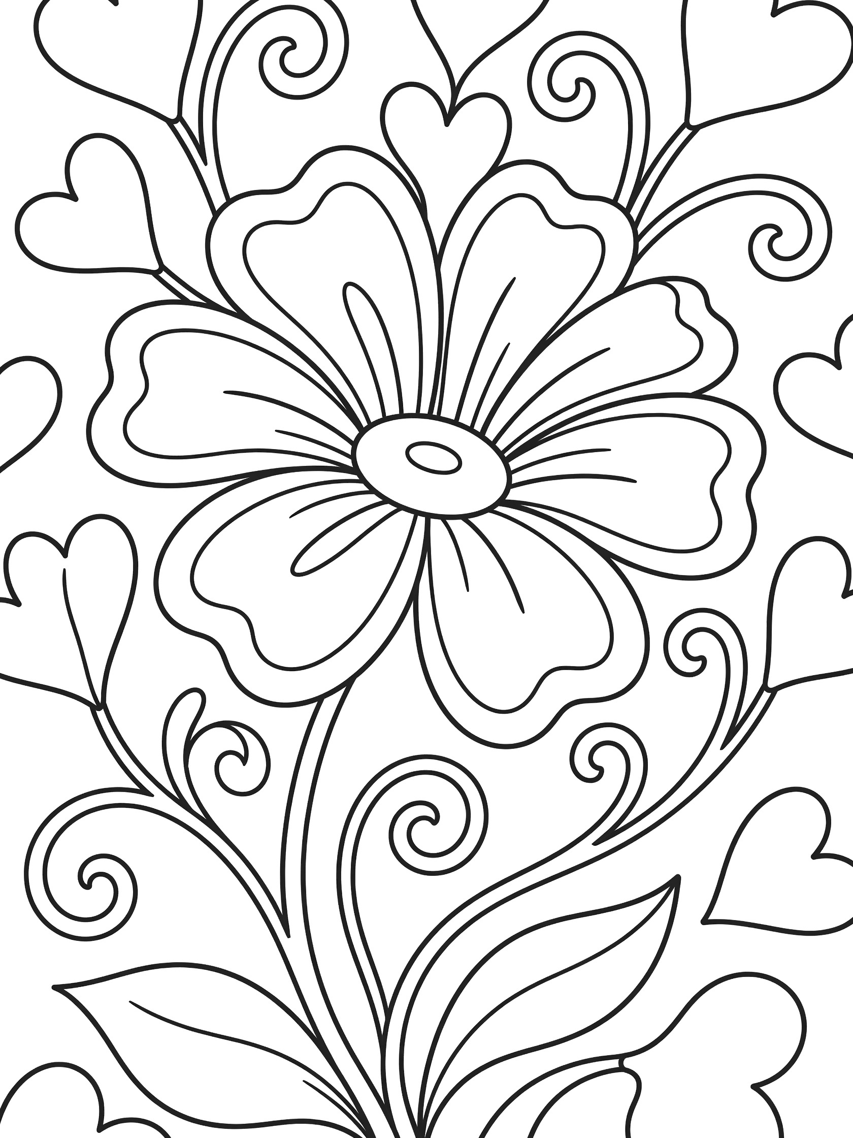 Whimsical Zentangle Diva flower coloring page featuring a central blooming flower with rounded petals, curly stems, and heart-shaped leaves in clean line art.