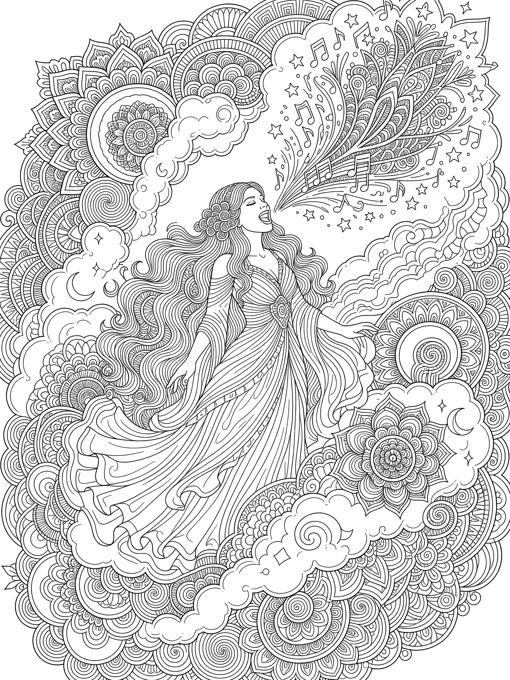 Black-and-white zentangle line art of a diva with flowing gown and hair singing musical notes and stars from her mouth inside a symmetrical swirling dream cloud with feathers, vines, crescents, and geometric motifs.