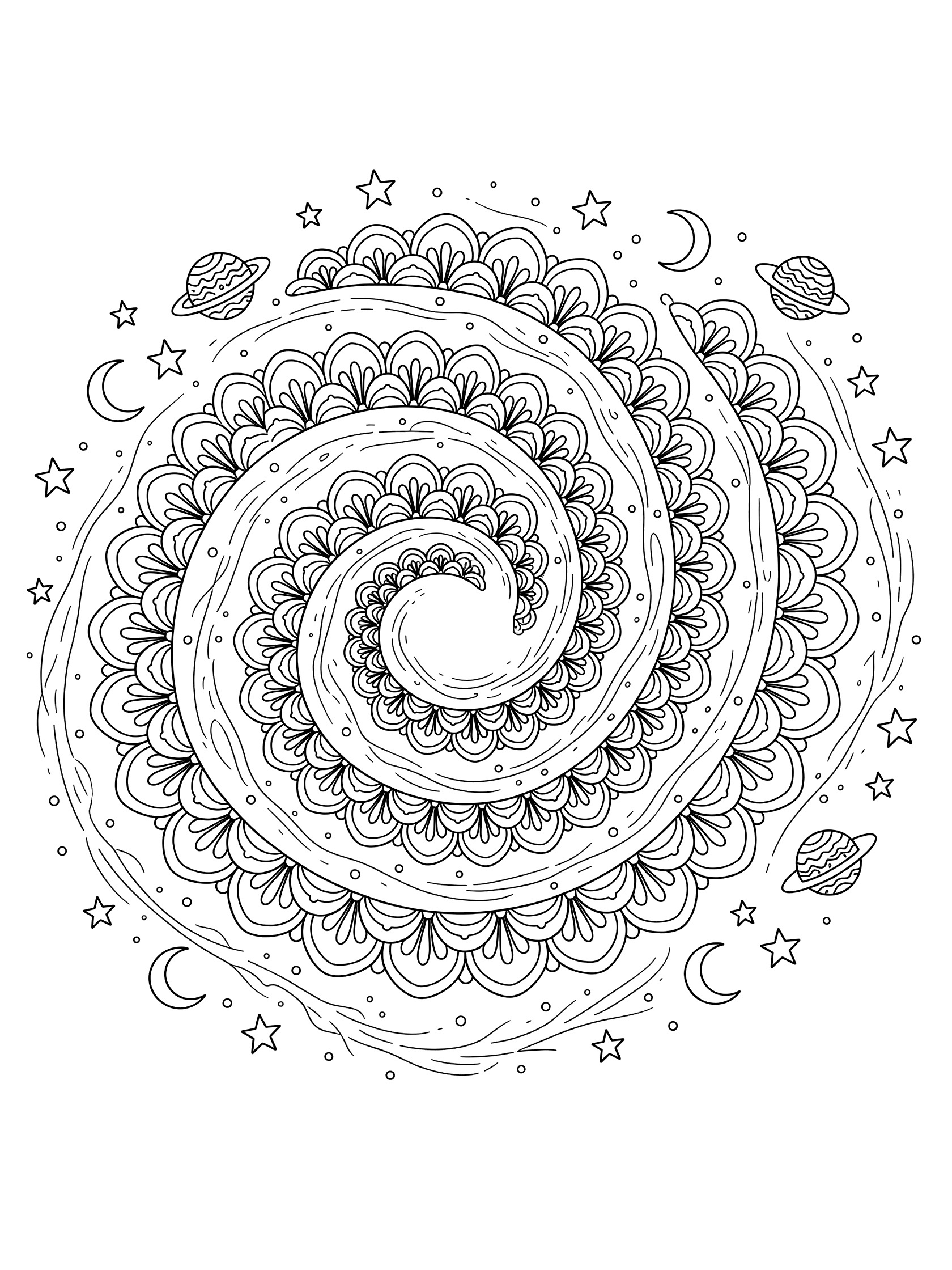 Black and white line art of a Diva spiral galaxy with zentangle patterns in the arms, central bulge, orbiting planets, stars, and crescent moons on a white background.