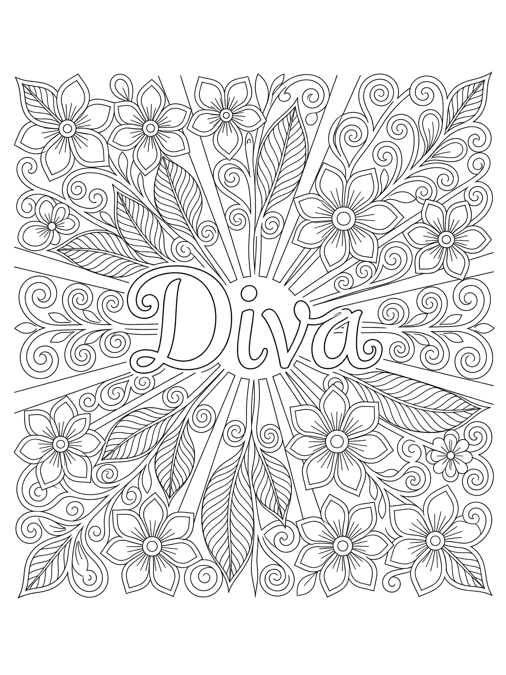 Zentangle coloring page featuring central Diva text in a bold sunburst surrounded by symmetrical flowers, leaves, and vines