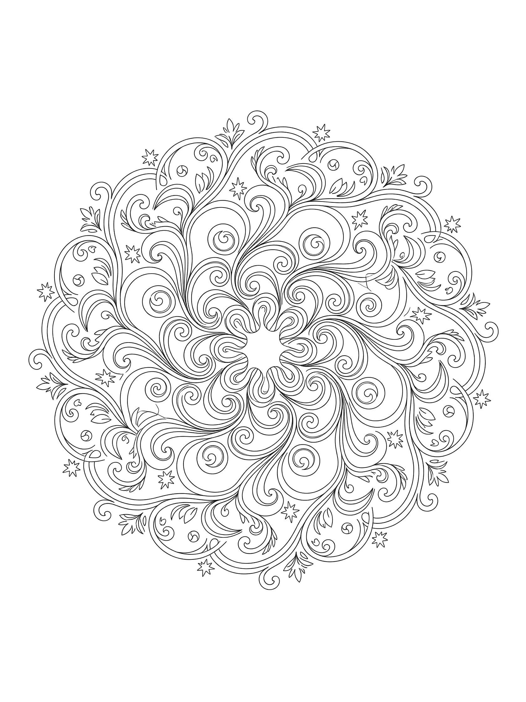 Black and white Diva swirl mandala coloring page featuring elegant symmetrical swirls, S-curves, ribbon curls, starry bursts, and vine tendrils radiating from the center.