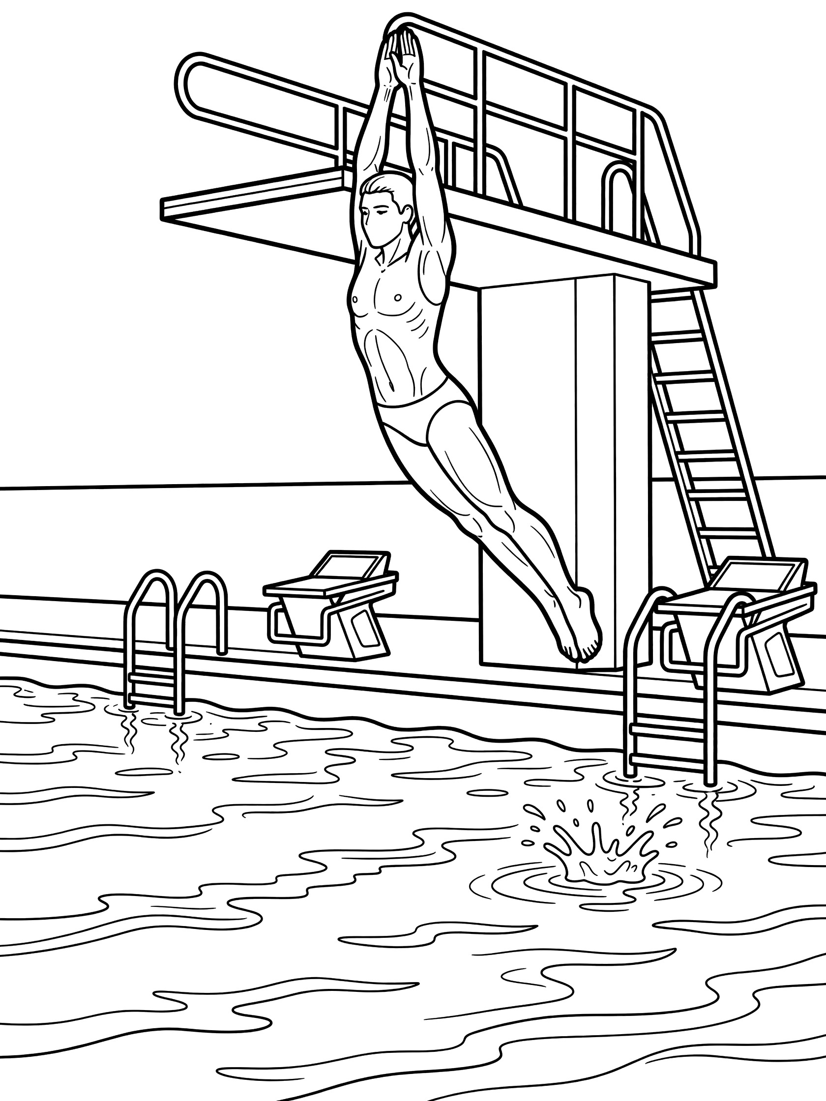 Line art coloring page showing a diver in mid-air from a high diving platform toward pool water with splashes, ladders and starting blocks