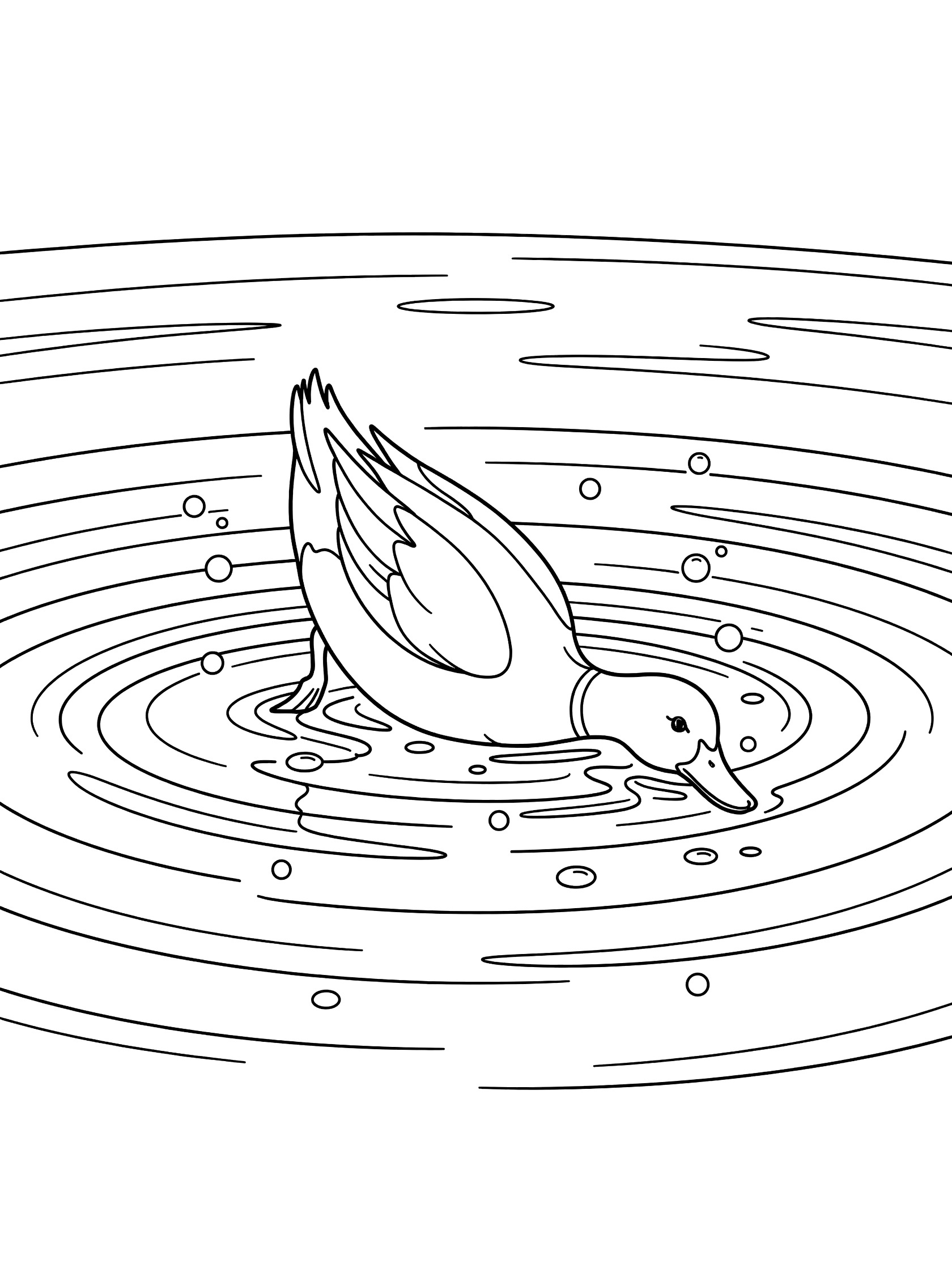 Black and white line art coloring page showing a duck diving into a pond, tail feathers sticking up, surrounded by bubbles and water ripples.