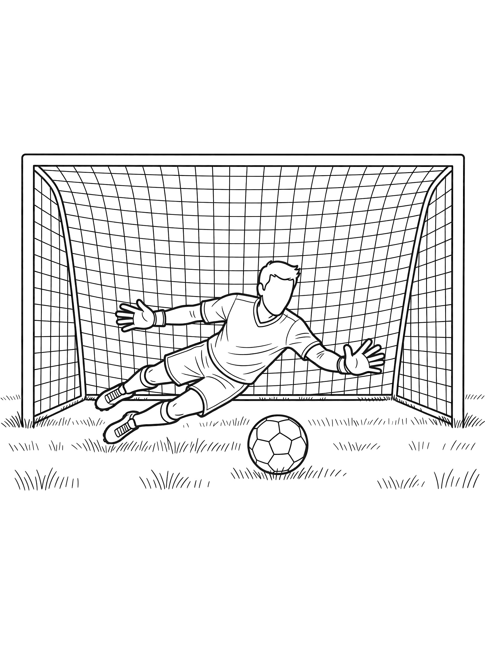Black and white line art of a soccer goalkeeper diving across the goalmouth to make a save, blocking a soccer ball with outstretched hands near the goalposts and net.