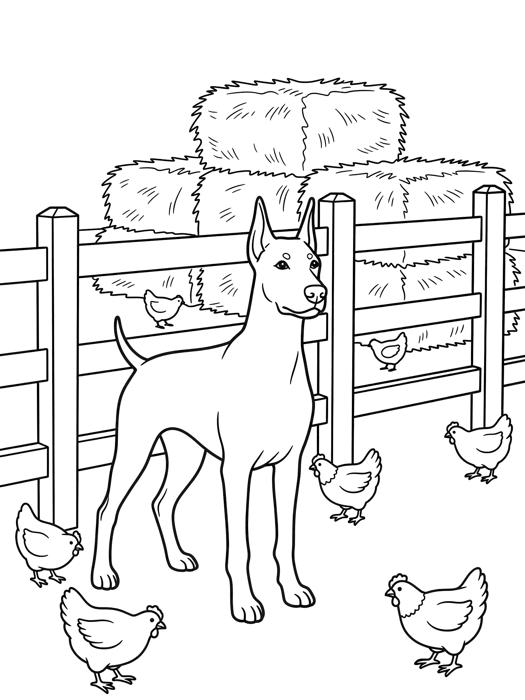 Black and white line art coloring page showing a tall Doberman dog next to a wooden farm fence with stacked hay bales behind and several chickens pecking around. Doberman Pinscher themed black and white printable line art