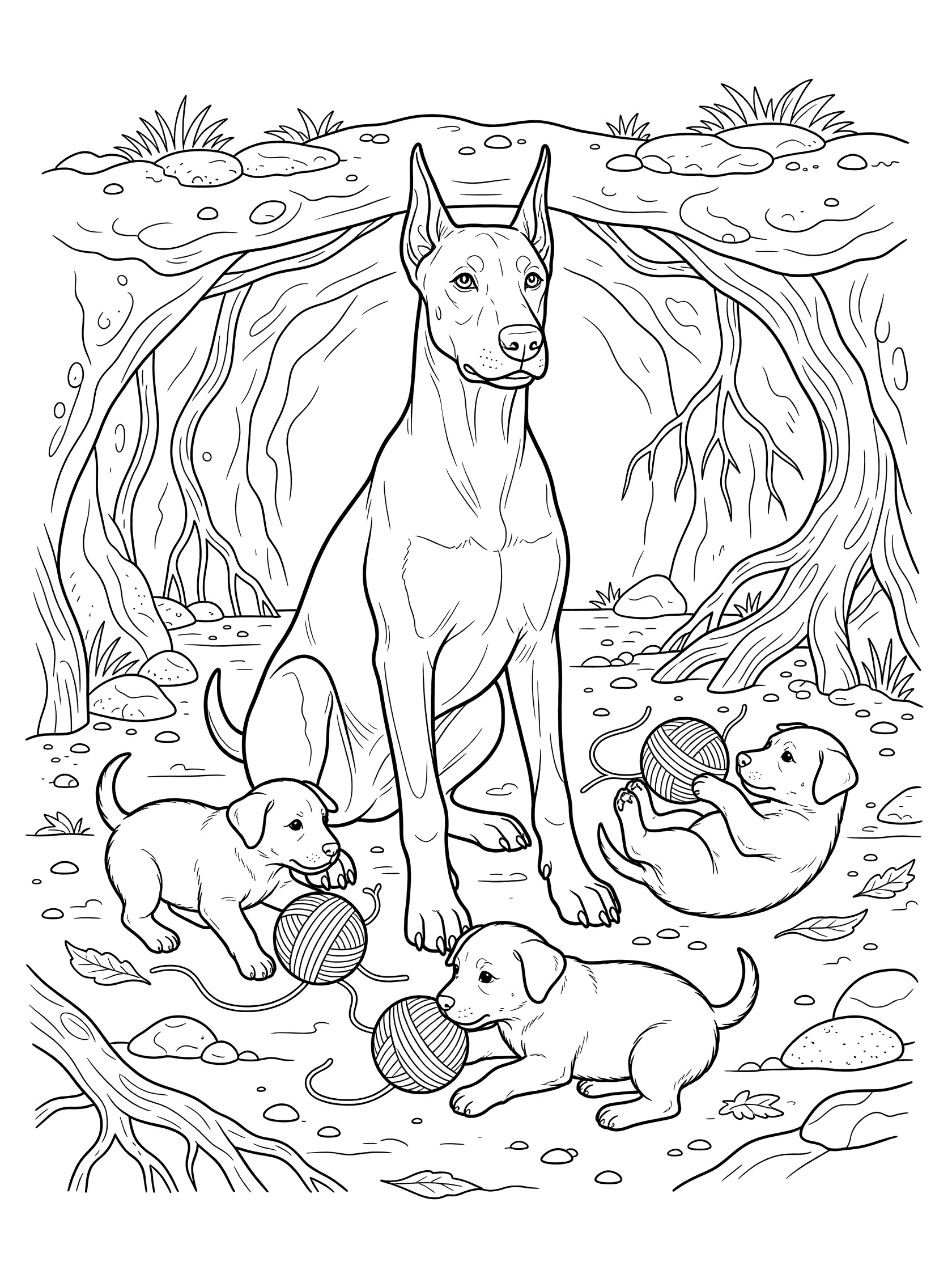 Black and white coloring page of a Doberman Pinscher dog with four puppies playing with yarn balls inside a rocky cave with tree roots and leaves.