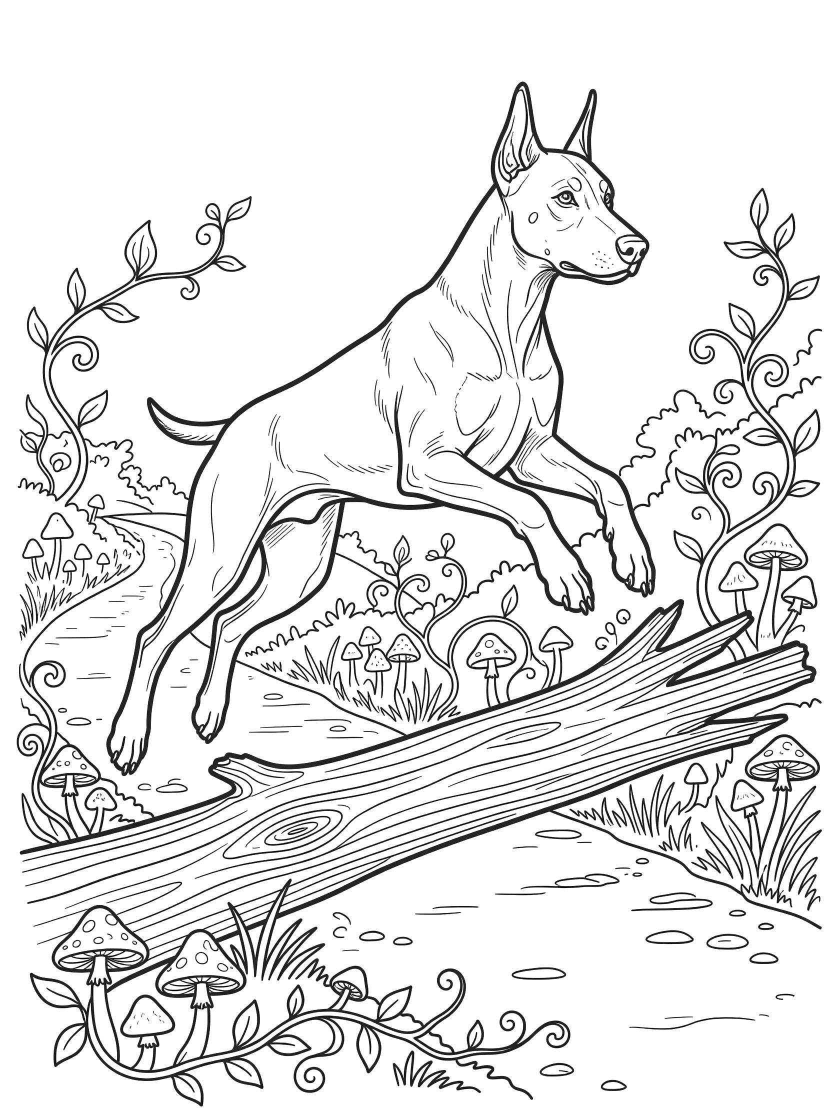 Black and white line art coloring page showing a muscular Doberman Pinscher dog leaping over a fallen log in a woodland scene with mushrooms and doodle vines.