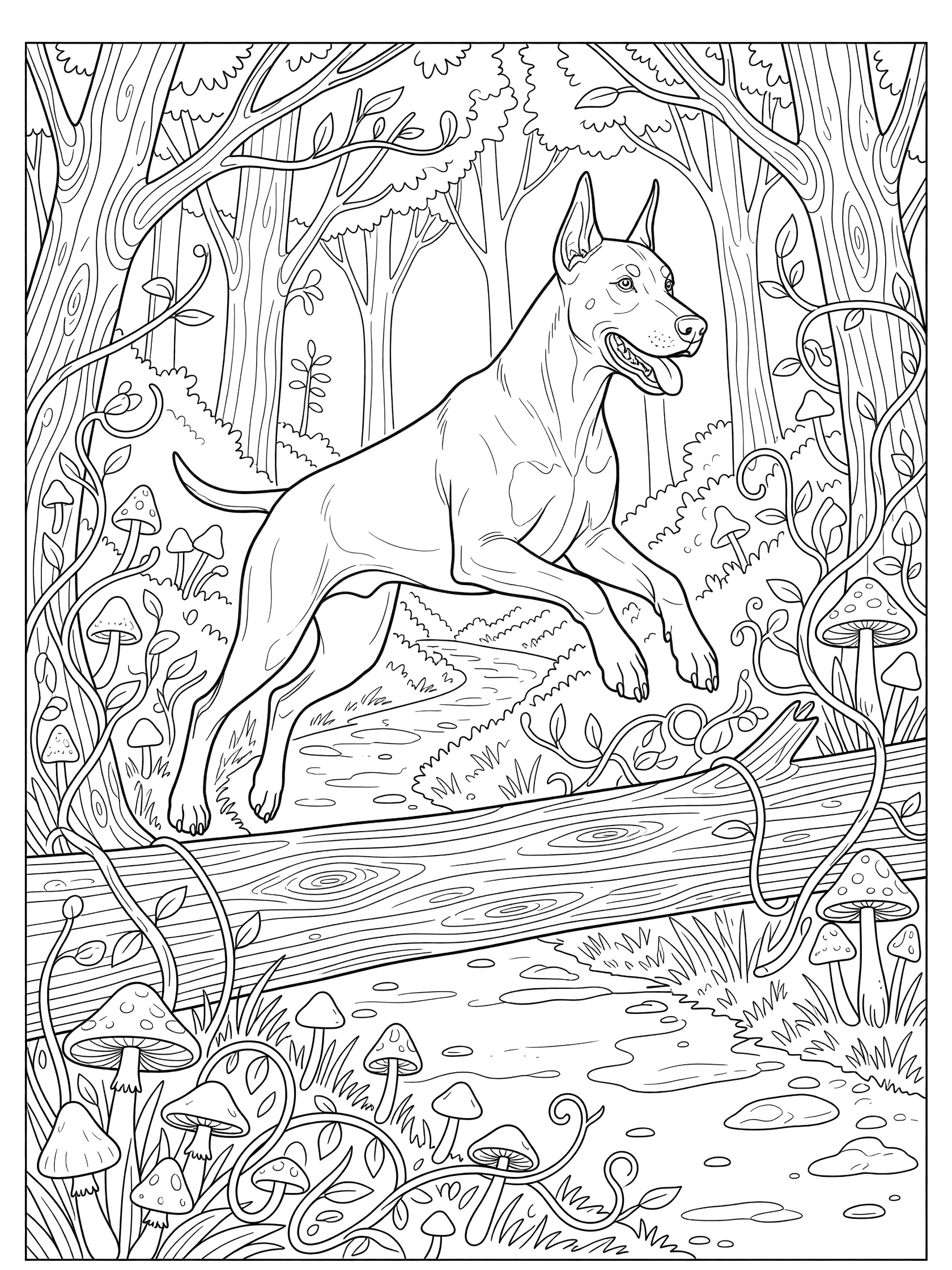 Black and white line art coloring page showing a Doberman Pinscher dog leaping over a fallen log in a forest with vines, mushrooms, and trees.