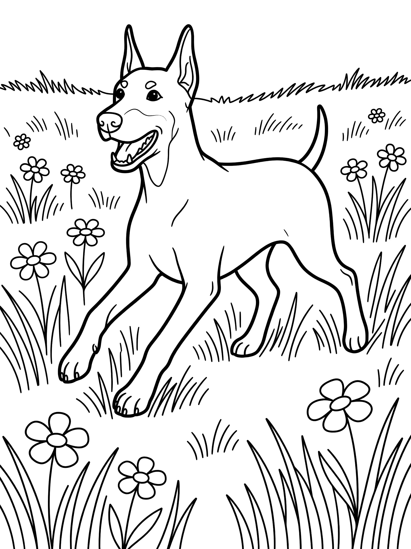 Black and white line art coloring page showing a Doberman Pinscher dog running through tall grass with scattered flowers, clean outlines on white background