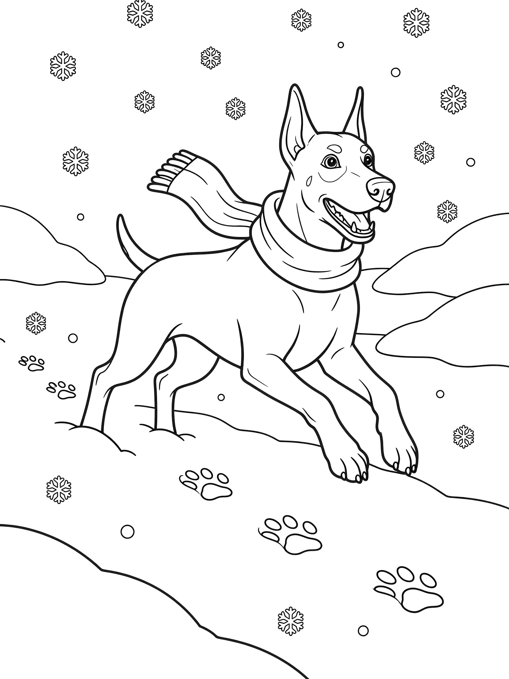 Black and white line art coloring page showing a Doberman Pinscher dog running happily in fluffy snowdrifts, leaving paw prints, with snowflakes falling and a scarf around its neck.