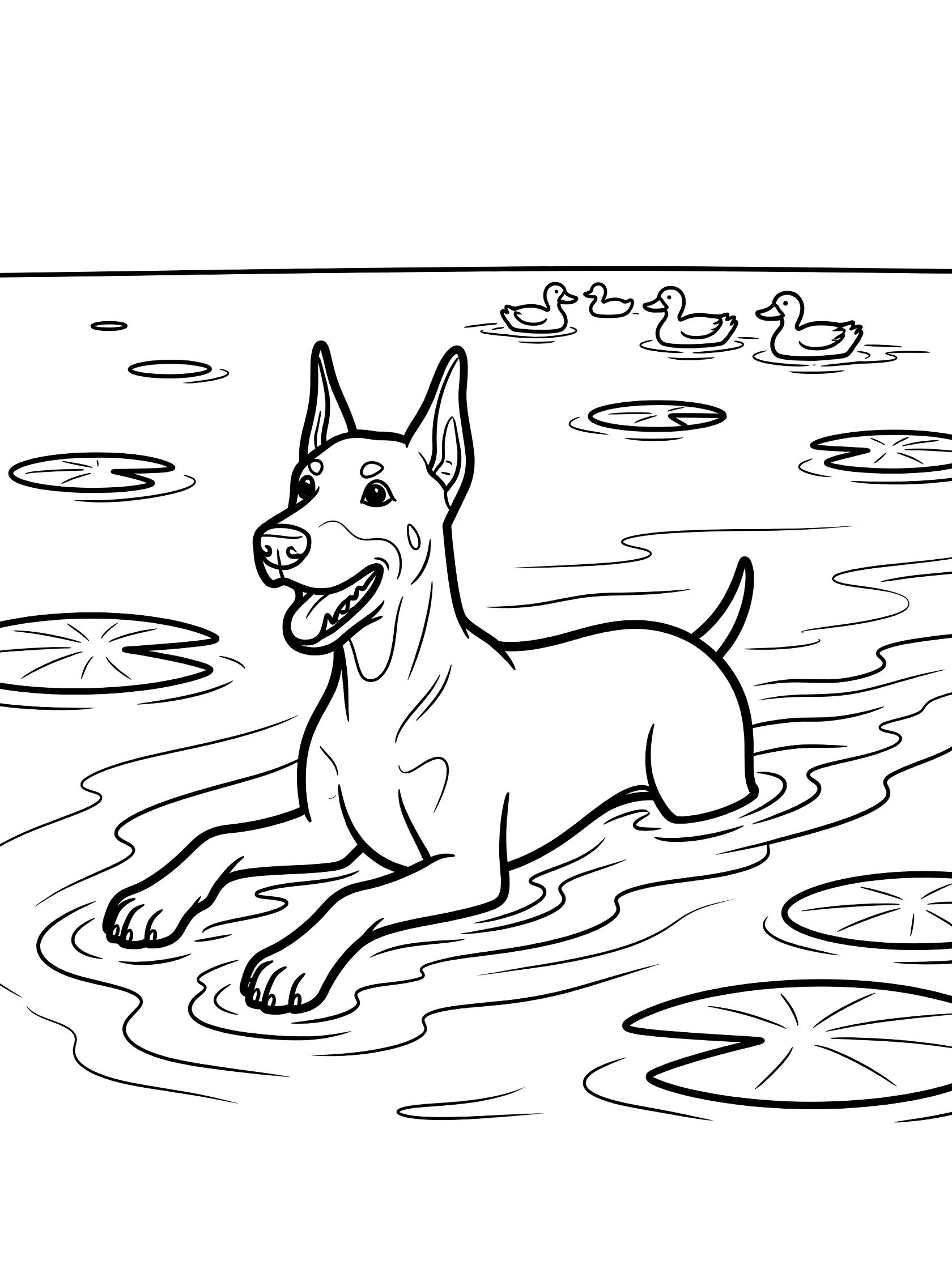 Black and white line art coloring page showing a Doberman Pinscher dog swimming in water with lily pads and ducks nearby