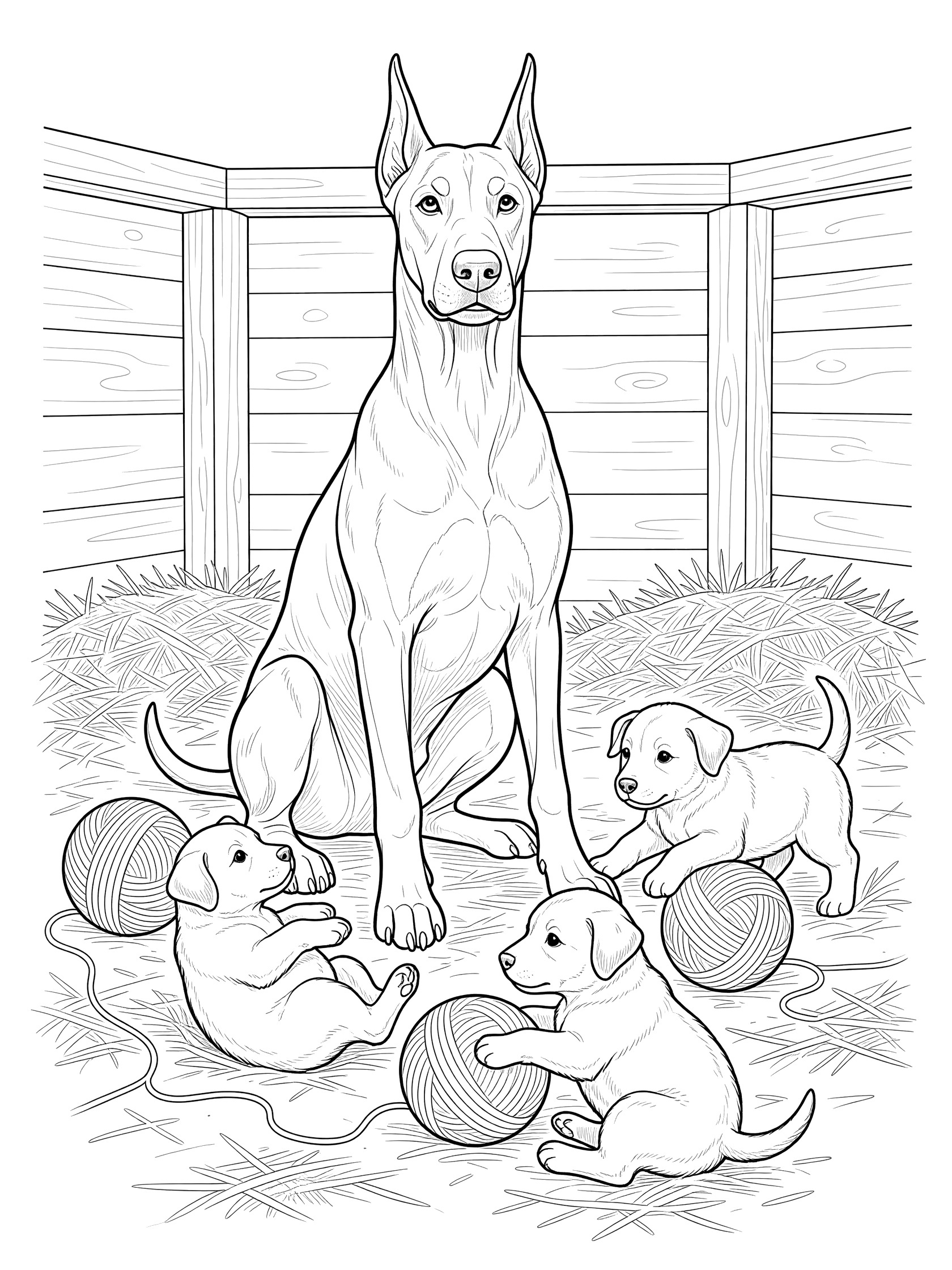 Black and white coloring page of a mother Doberman Pinscher dog sitting surrounded by four small puppies tumbling and playing with yarn balls on hay in a wooden den.