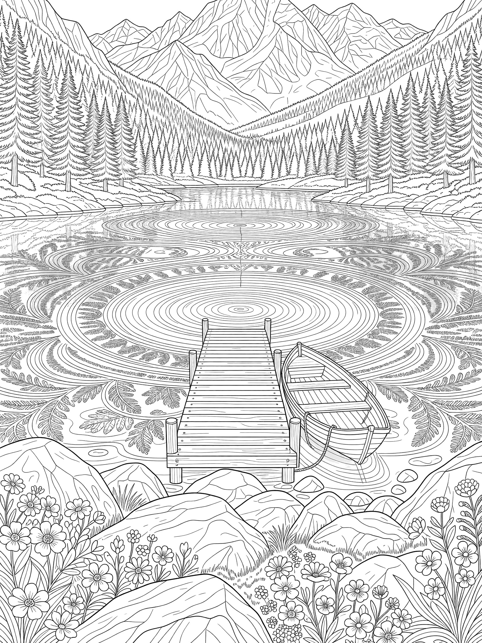 Black and white line art coloring page of a serene mountain lake with wooden dock extending into the water, tied rowboat, foreground rocks and flowers, dense pine forests and jagged peaks.