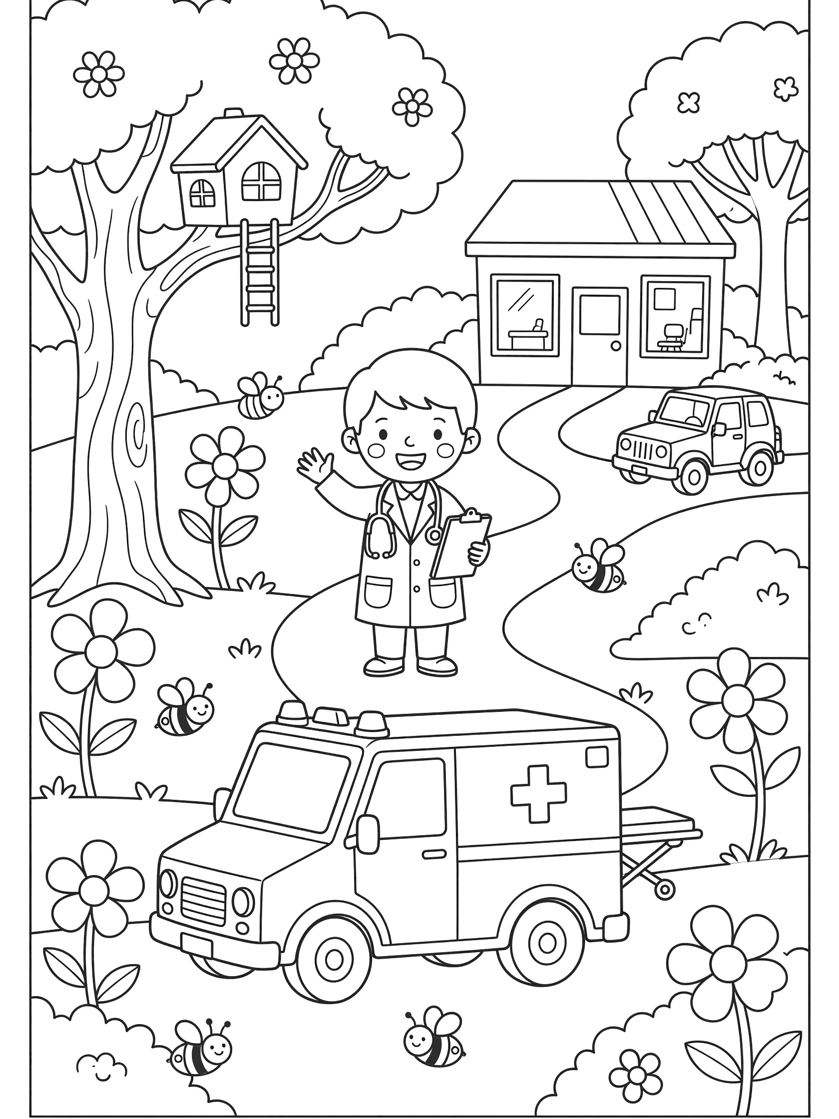 Black and white printable coloring page showing a doctor waving by an ambulance on a path with trees, flowers, bees, treehouse, and clinic building.