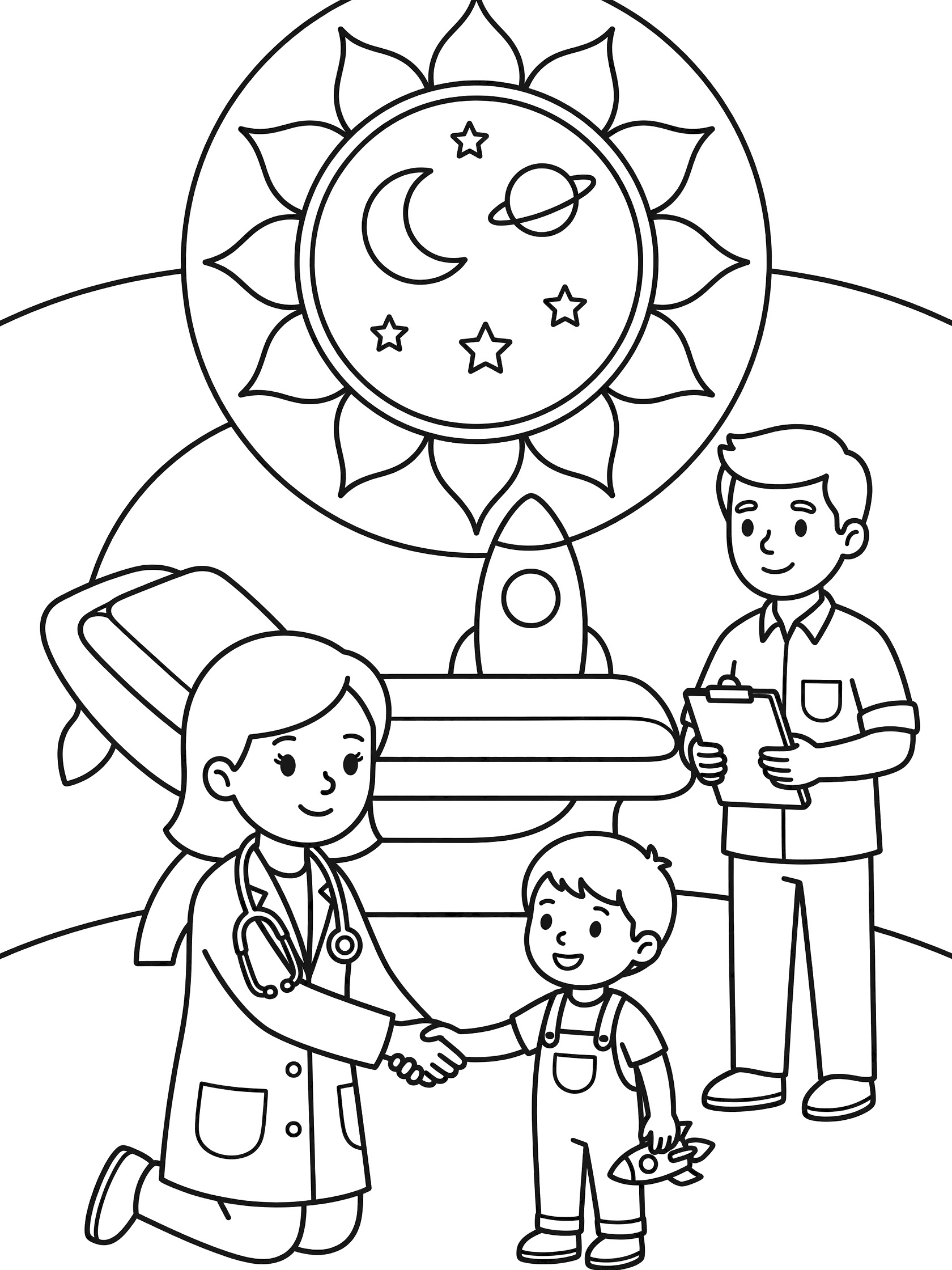 Black and white coloring page showing a doctor clinic scene in space: smiling doctor in white coat shaking hands with a child, rocket ship on exam bed, stars and planets in background.