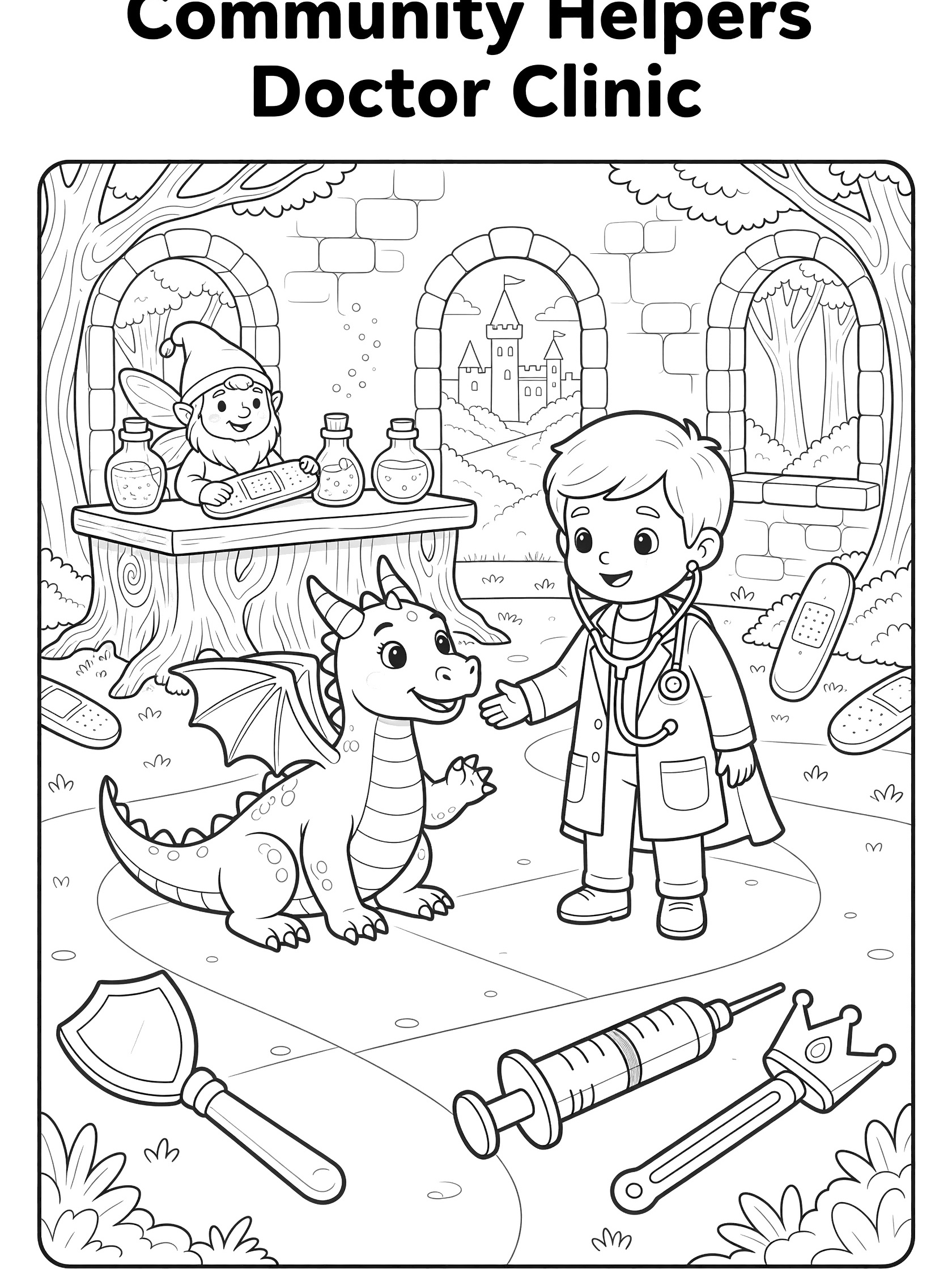 Black and white printable coloring page showing a doctor clinic scene with a doctor helping a dragon patient, storybook adventure style for preschoolers.