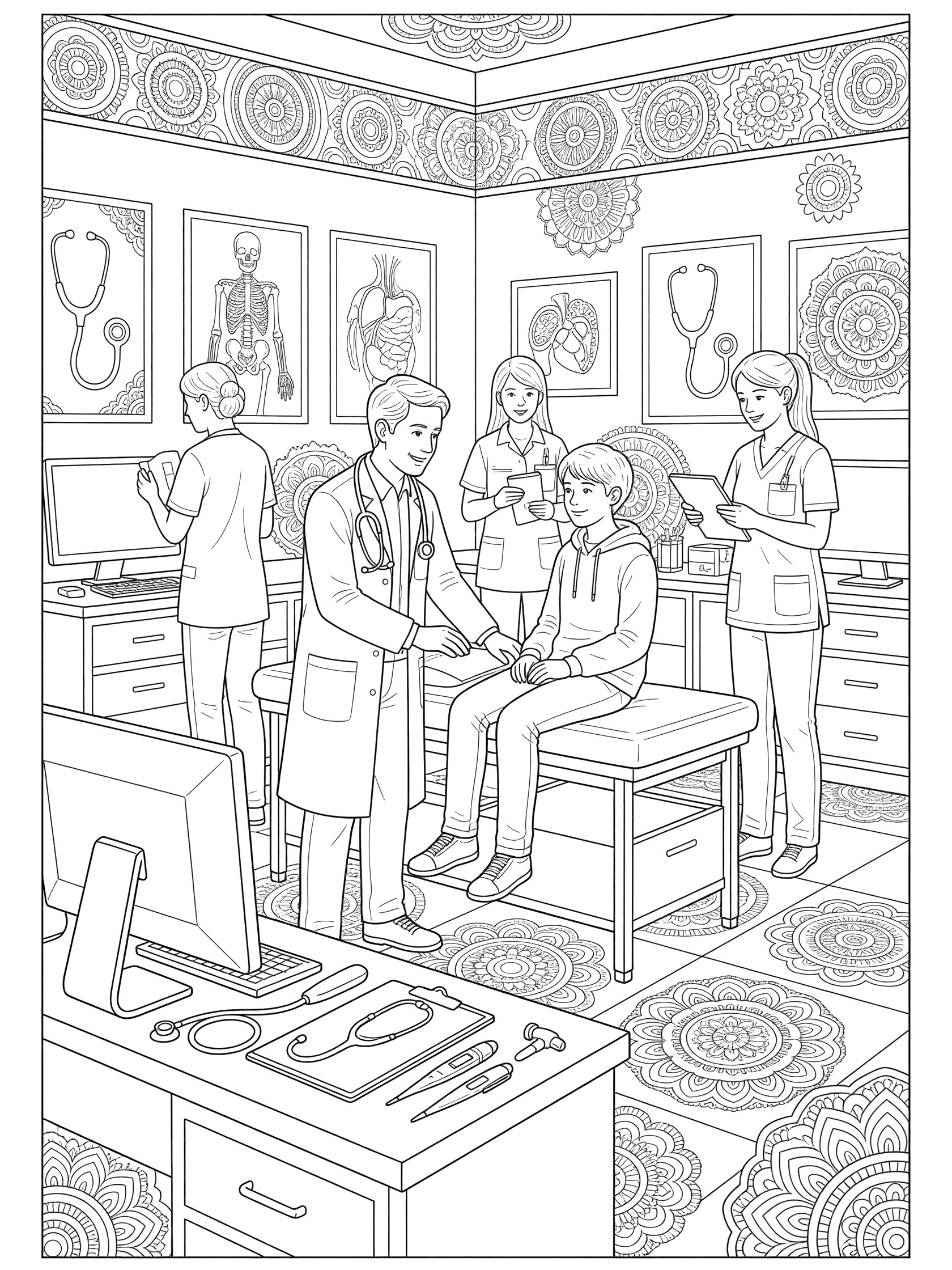 Black and white coloring page showing doctor clinic scene with male doctor and two nurses examining a boy's arm on exam table, computer, medical posters, and mandala designs on walls and floor.