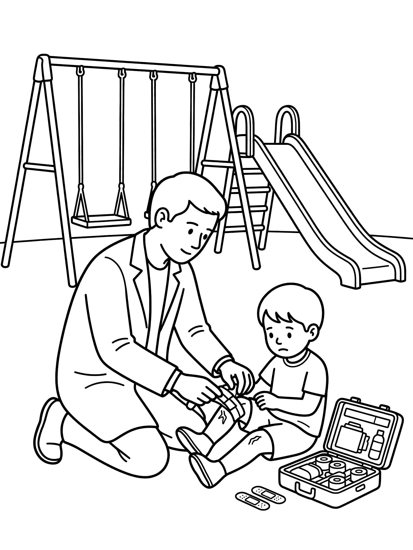 Black-and-white coloring page of a doctor bandaging a boy's scraped knee outdoors near playground swings and slide, with medical kit on the ground